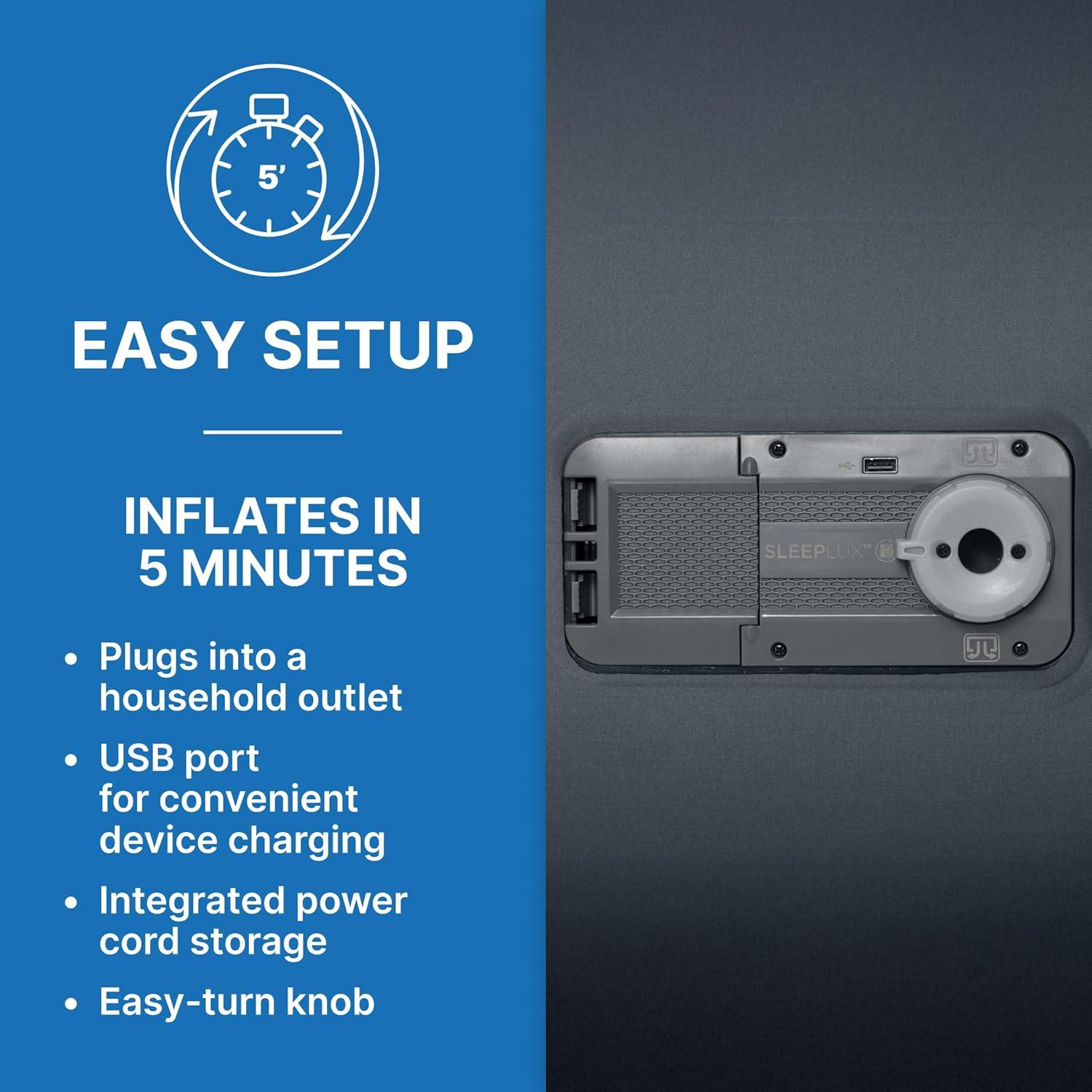 SleepLux Queen Air Mattress with Headboard | Supersoft Snugable Top, Extra Durable Tough Guard | Raised Airbed with Built in Pump + USB Charger (90"x60"x29") Grey