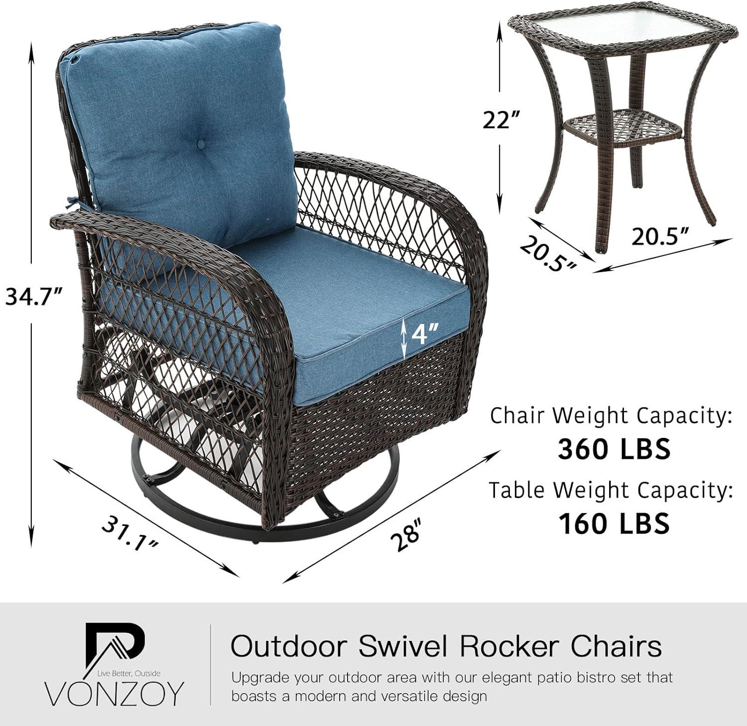 ELPOSUN 3 Pieces Patio Furniture Set, Outdoor Swivel Gliders Rocker, Wicker Patio Bistro Set with Rattan Rocking Chair, Glass Top Side Table and Thickened Cushions for Porch Deck Backyard