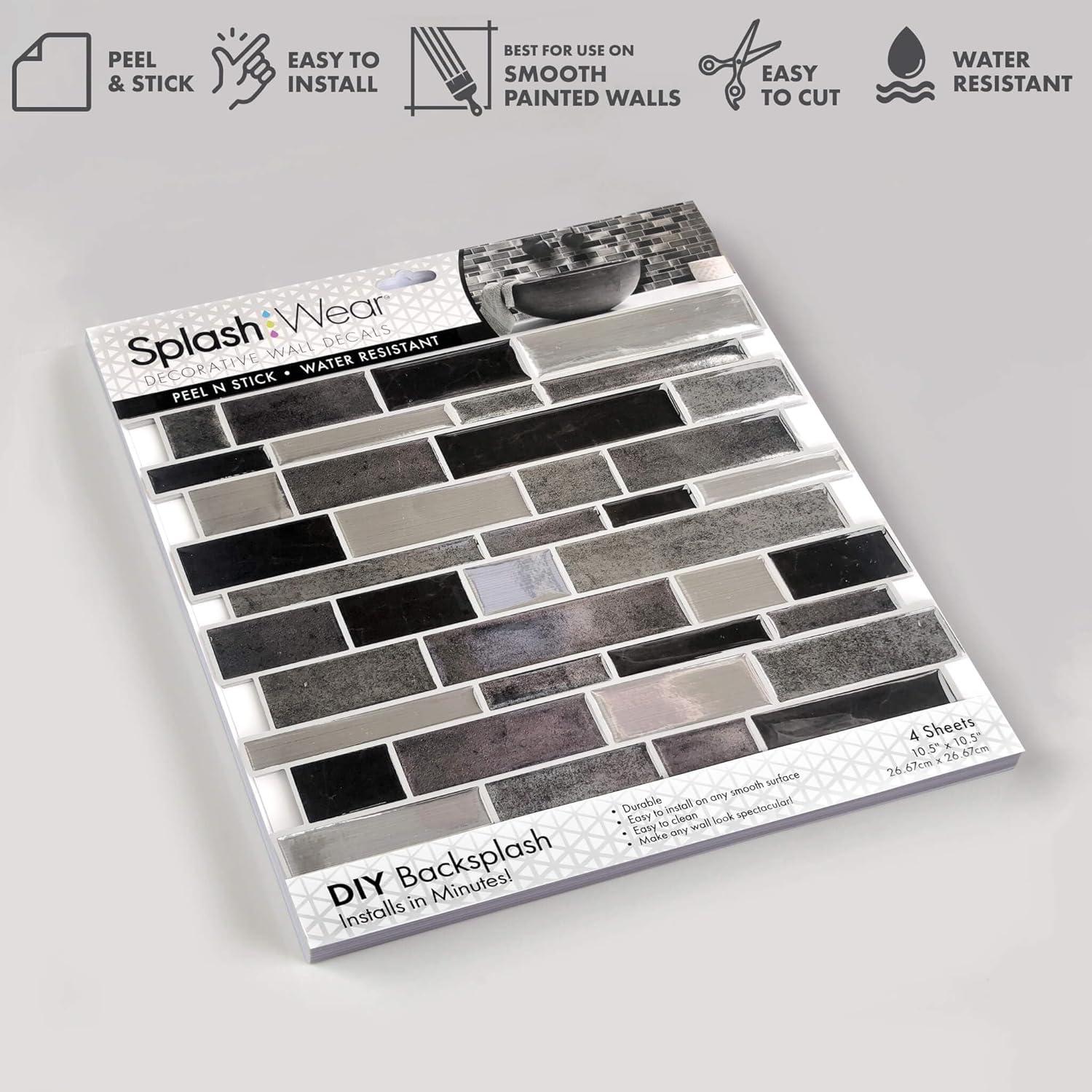 Main Street 10.5" x 10.5" Silver & Black Mosaic Vinyl Peel and Stick Tiles (4-Pack). Removable Tiles for Walls or Backsplash