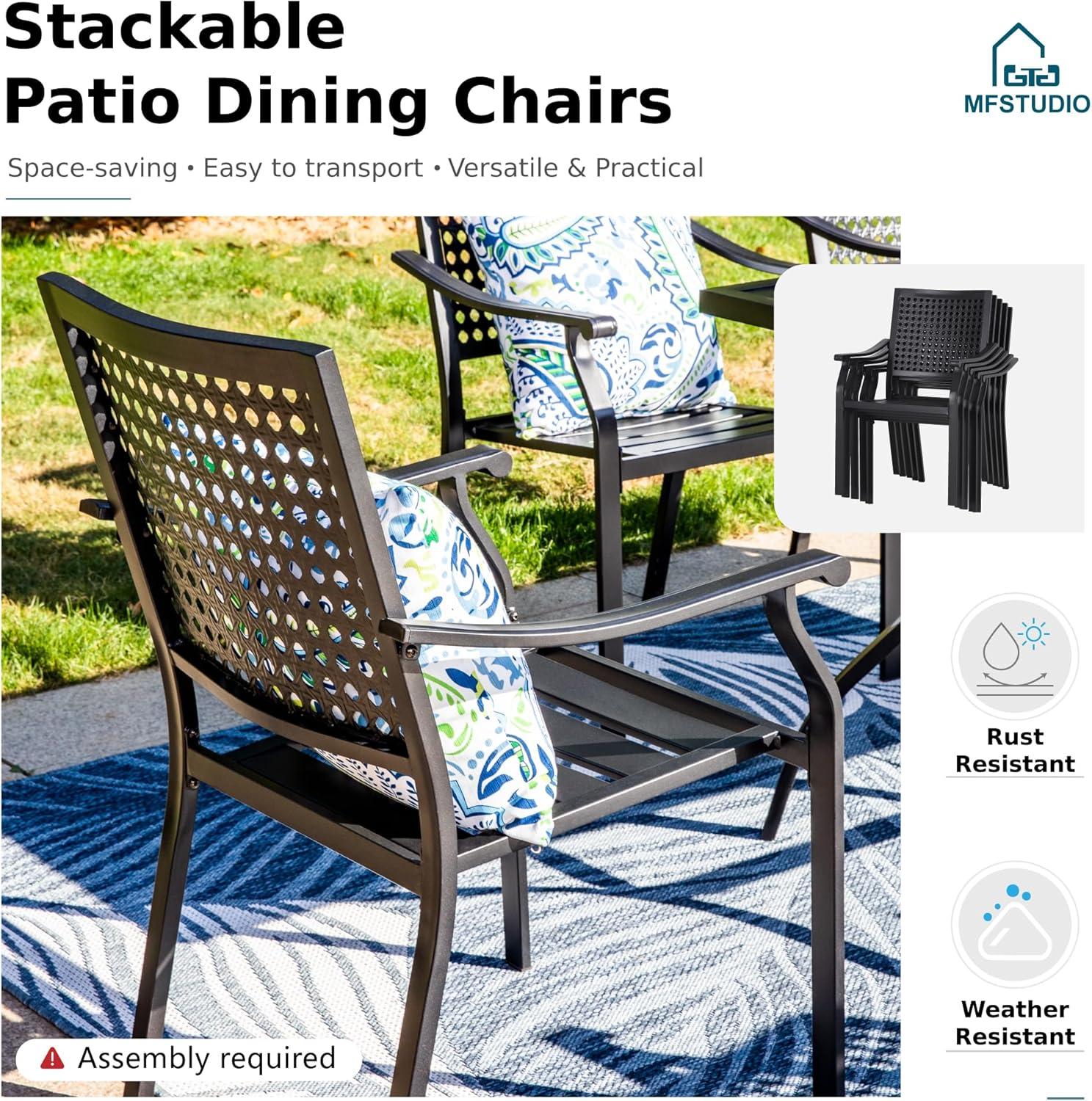 Nuu Garden 5 Piece Outdoor Dining Set, Metal Patio Dining Chairs Stackable and Square Dining Table with Umbrella Hole, Black