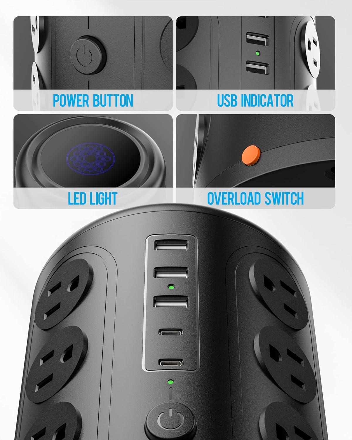 EXF Power Strip Tower Surge Protector with 16 Outlets and 5 USB Ports(3A+2C),6 ft Extension Cord