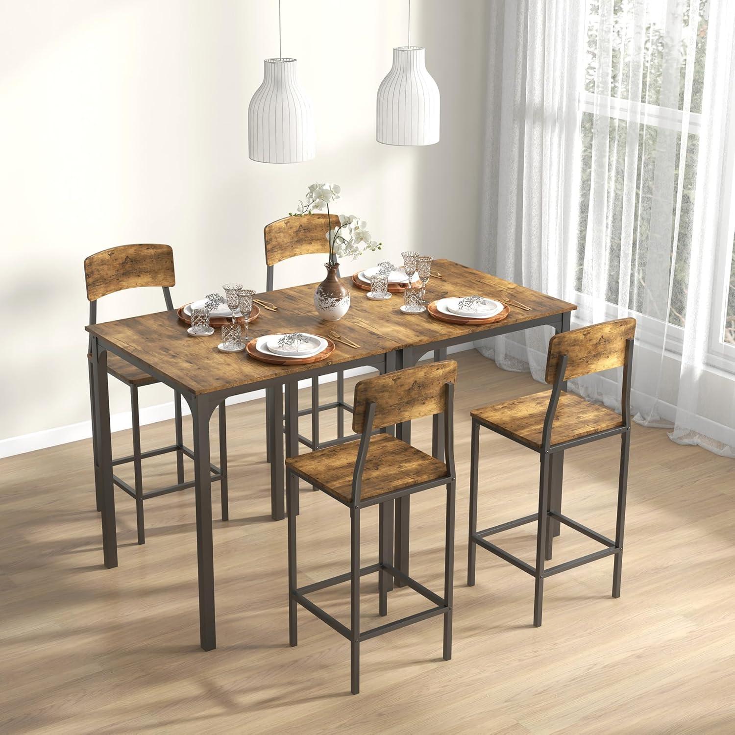 HOMCOM 3 Piece Bar Table and Chairs Set, Industrial Small Dining Table Set for 2, Square Kitchen Table and Stools, Rustic Brown and Black