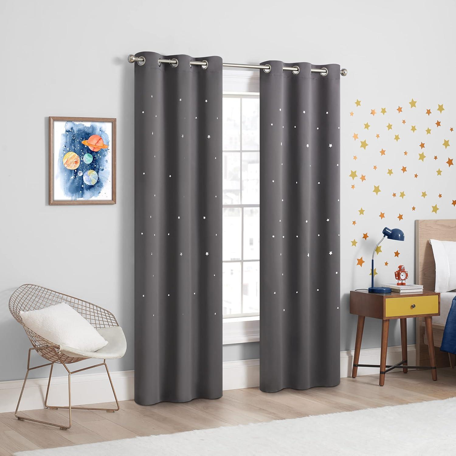 Eclipse Dreamer Star Laser Cut Room Darkening Grommet Window Curtains for Kids Bedroom or Nursery (2 Panels), 34 in x 84 in, Grey