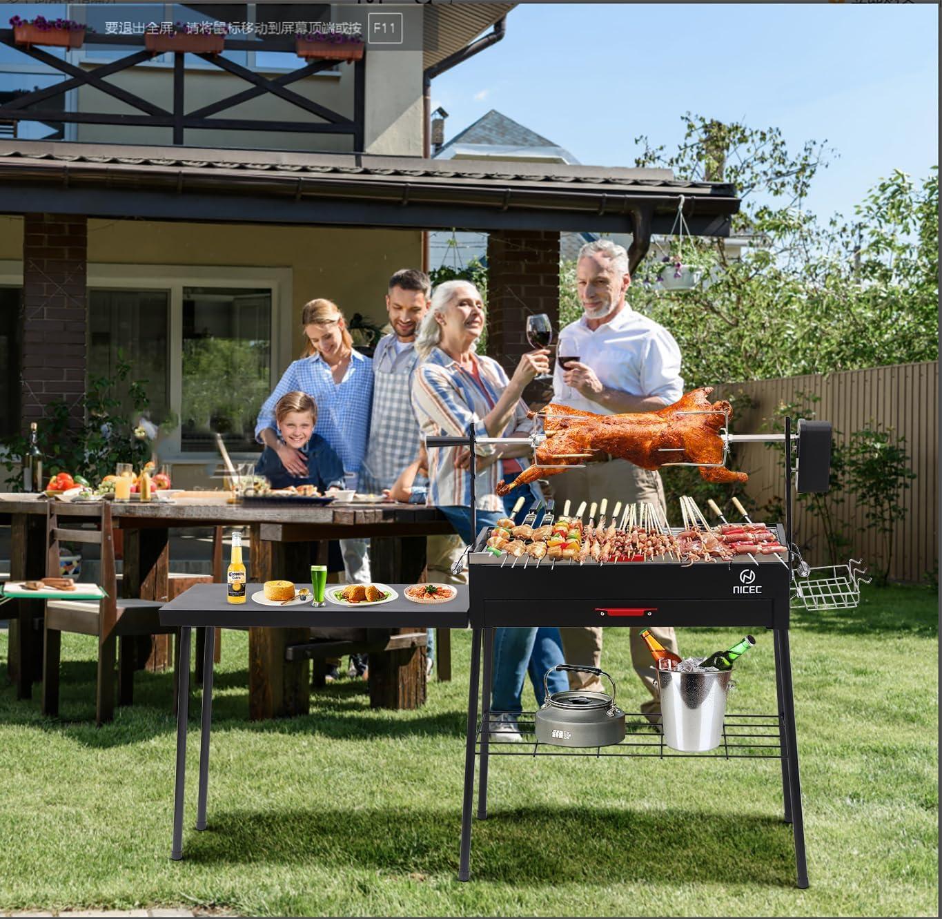 Portable Black Stainless Steel Rotisserie Charcoal Grill with Side Table