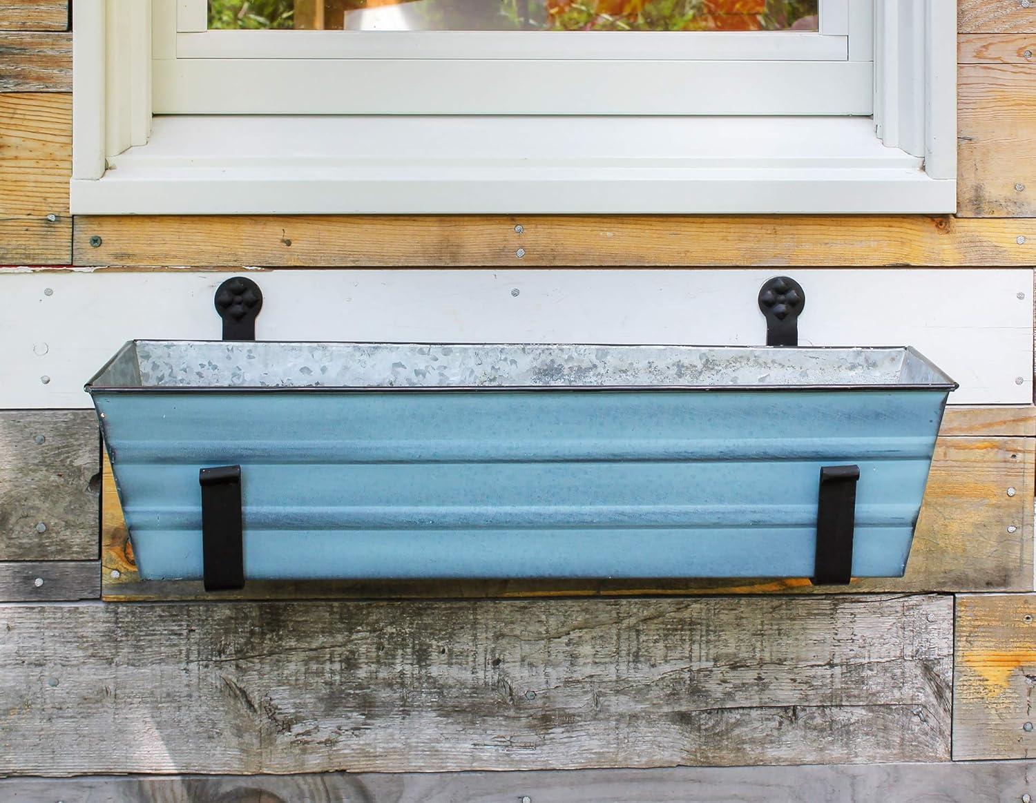 Small Galvanized Metal Rectangular Planter Box with Brackets - Blue - ACHLA Designs: Wrought Iron Wall-Mounted, Durable