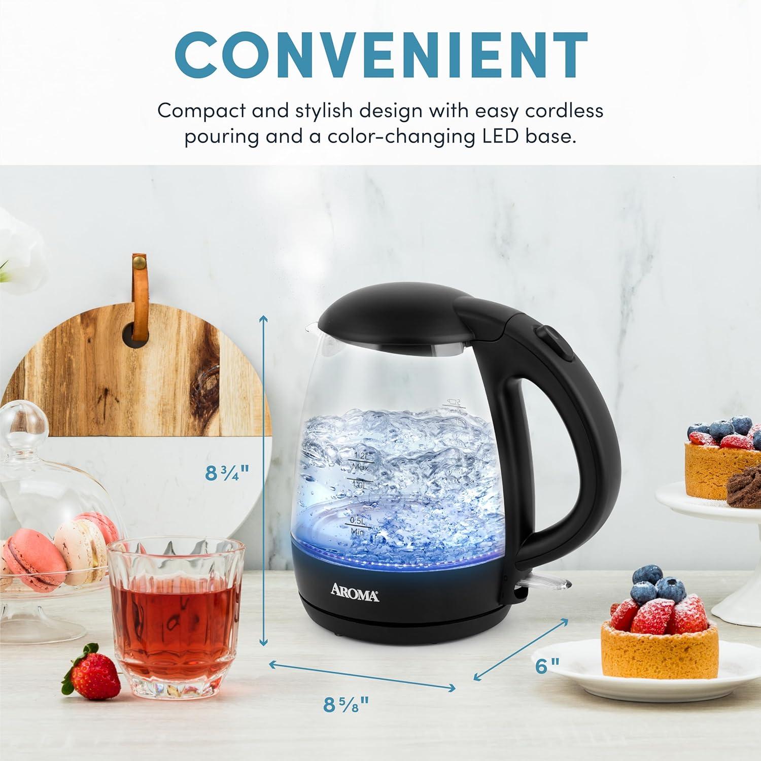 Aroma 1.2L Glass Kettle: Electric Water Boiler with LED Indicator, Automatic Shut-Off, Boil Dry Protection, 1500W