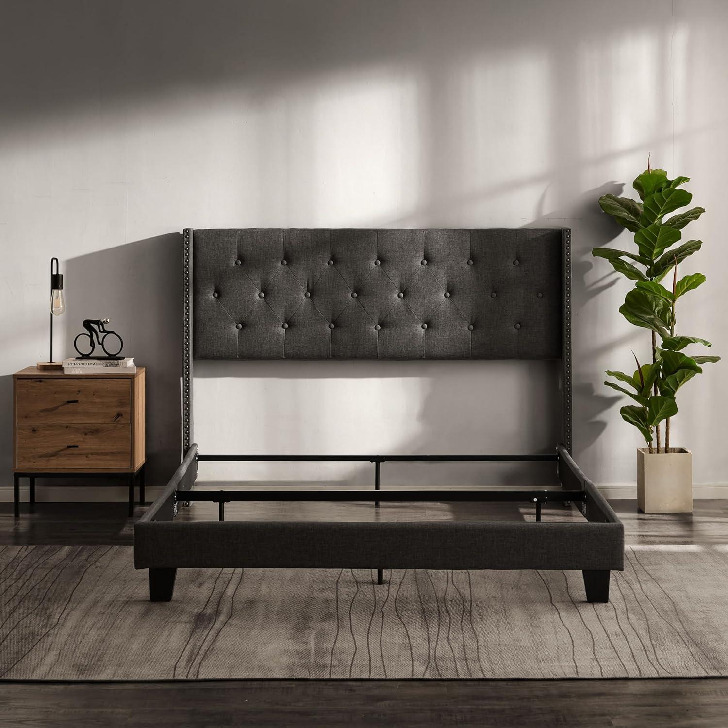 Bryt Wingback Diamond Upholstered Platform Bed, King Size Bed Frame with Headboard - Grey