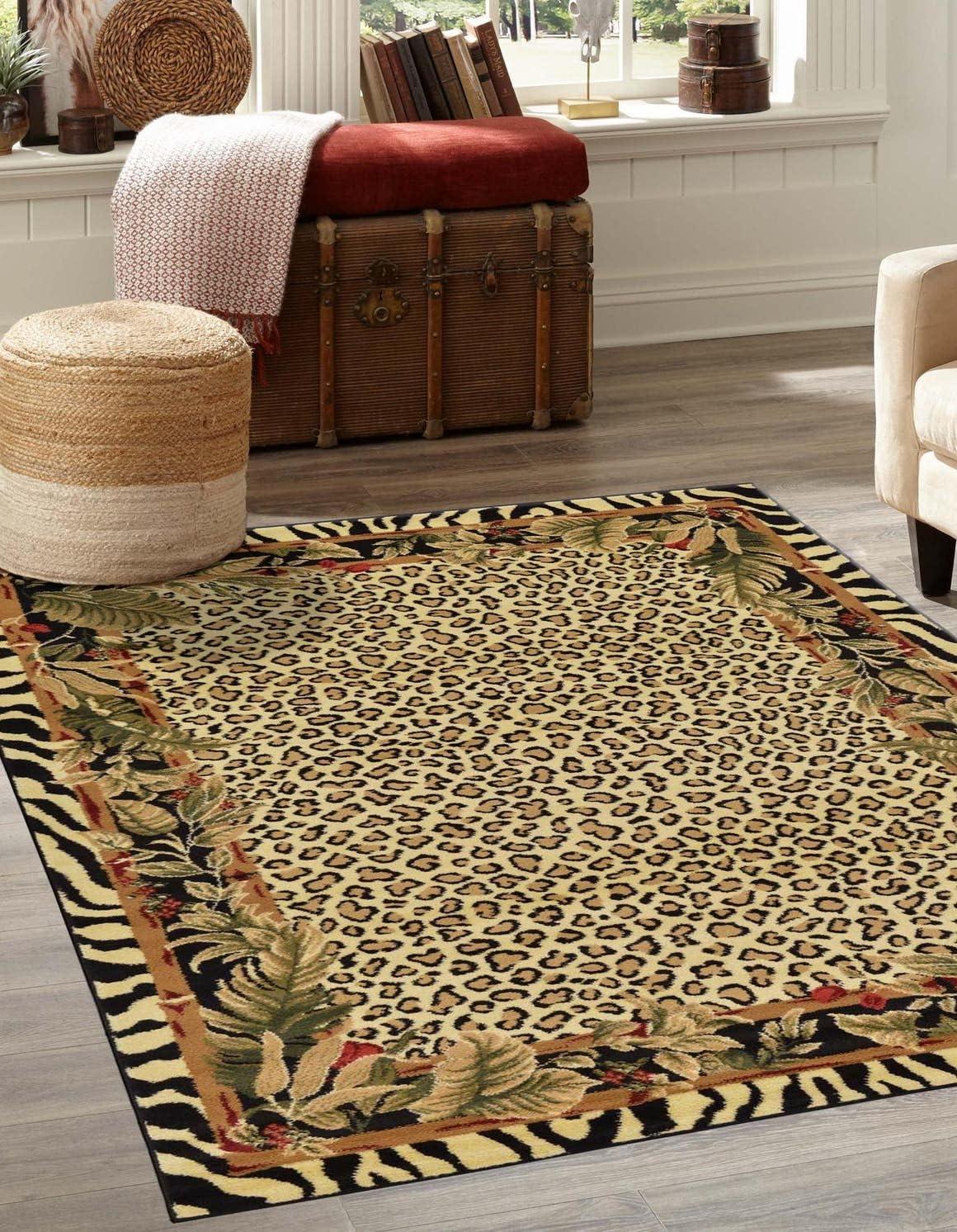 Ivory and Black 6' x 9' Synthetic Floral Safari Rug