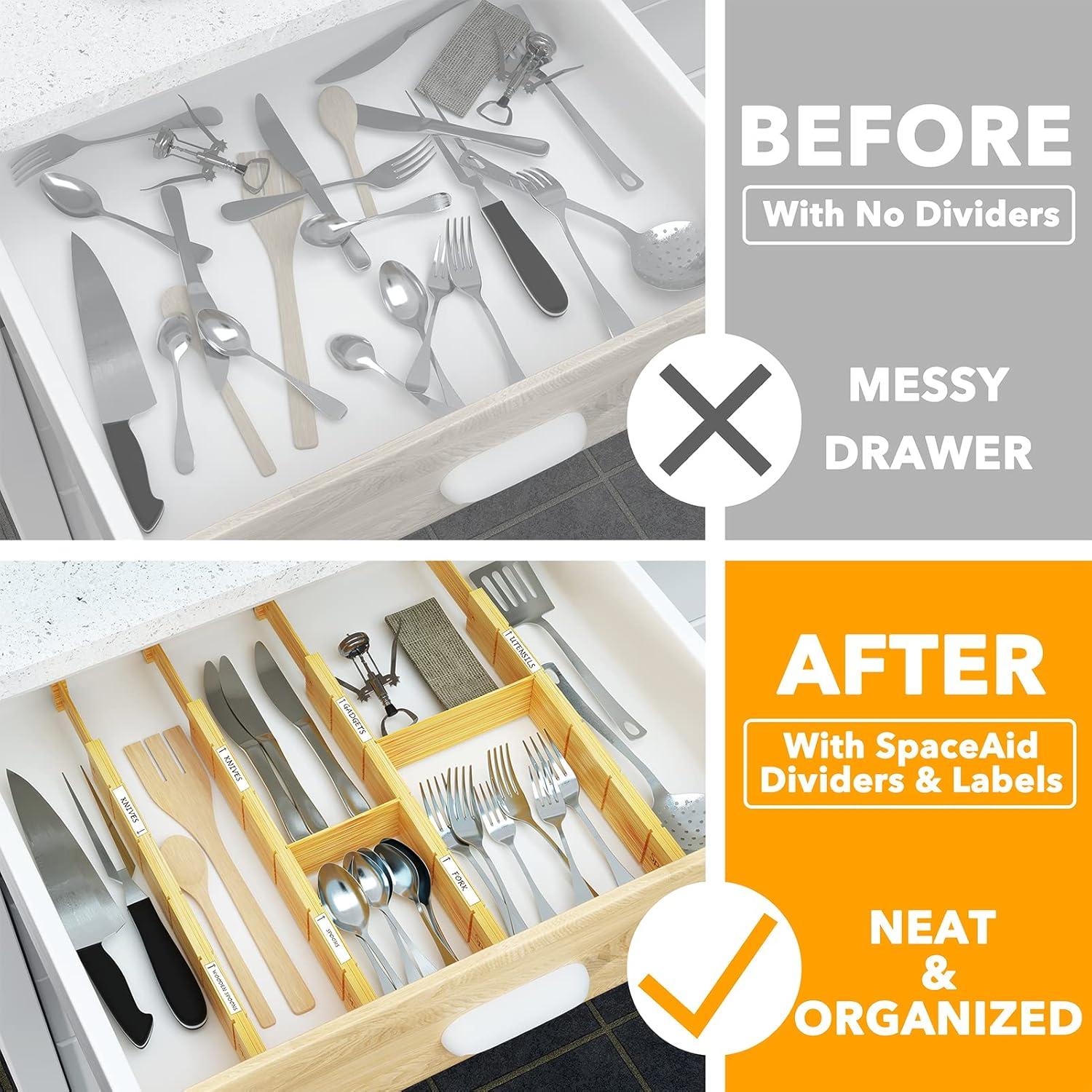 SpaceAid Bamboo Drawer Dividers with Inserts and Labels – Adjustable Kitchen Drawer Organizers, Expandable Storage for Home, Office, Dressers, and Bathroom, 8 Dividers with 18 Inserts (17-22 inches)