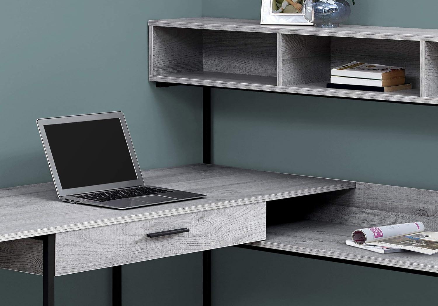 Computer Desk - L-Shaped / Corner / Hutch / 1 Drawer / 2 Shelves / 4 Cubbies / Metal Base - 59"L X 59"W - Grey Wood-Look / Black