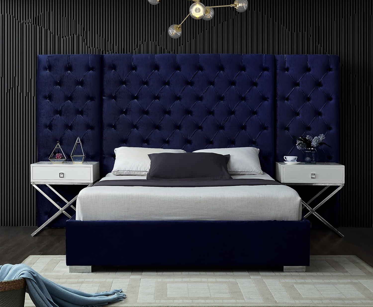 Grande Navy Velvet Queen Bed-Color:Navy Velvet,Style:Contemporary