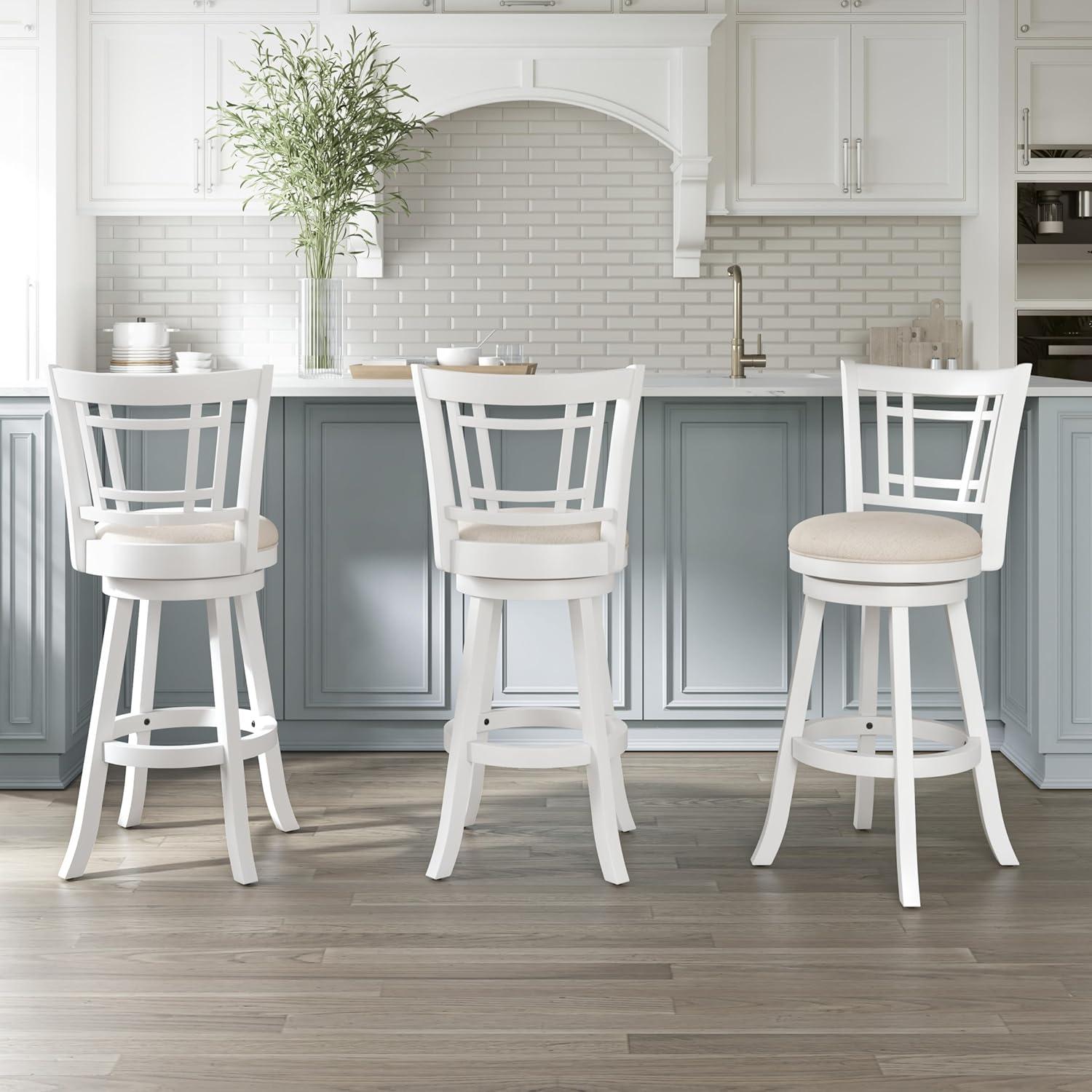 Elegant White Swivel Bar Stool with Beige Fabric Seat and Wood Accents