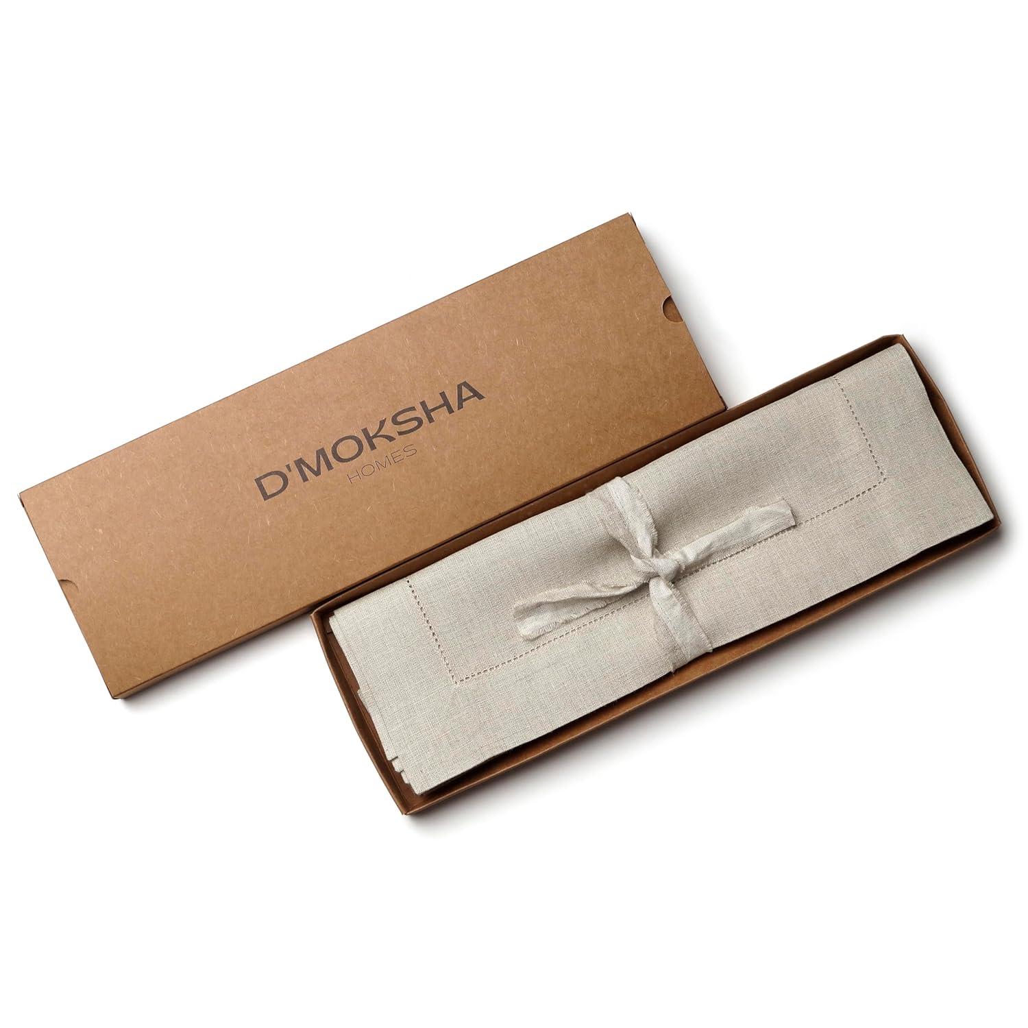 D’Moksha Homes 100% Pure Linen Hemstitch 14 x 19 Inch, Set of 4, Placemats - Vintage Natural Placemats, European Flax Natural Fabric Machine Washable, Handmade with Mitered Corners, Great Gift Choice