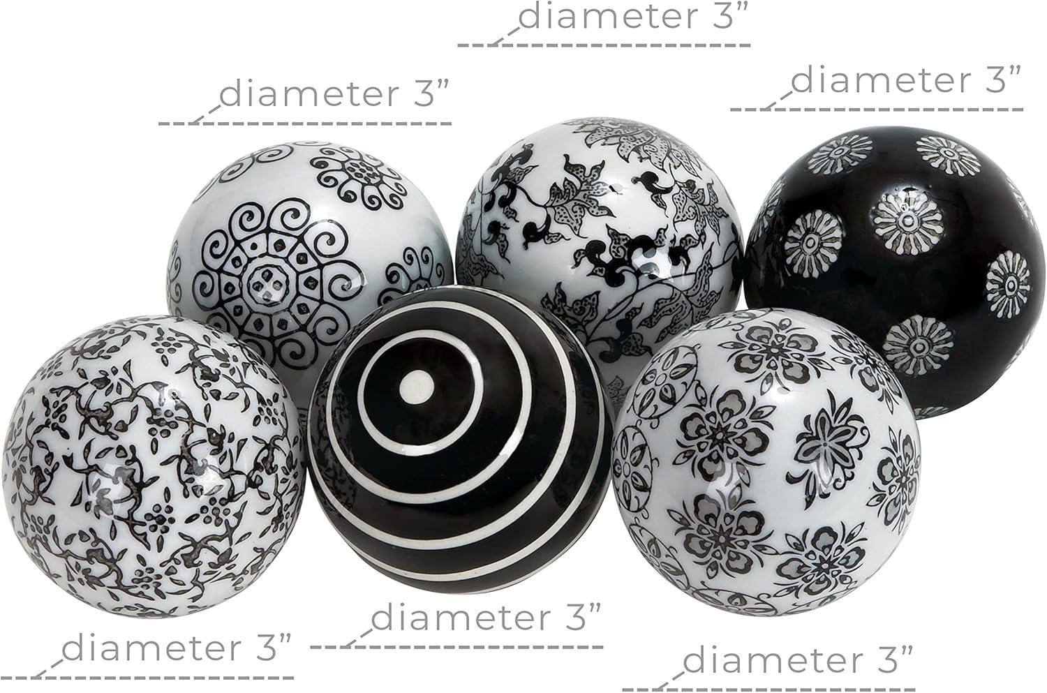 DecMode Black 3" Floral Glossy Ceramic Orbs & Vase Filler with Varying Patterns and White Accents (6 Count)