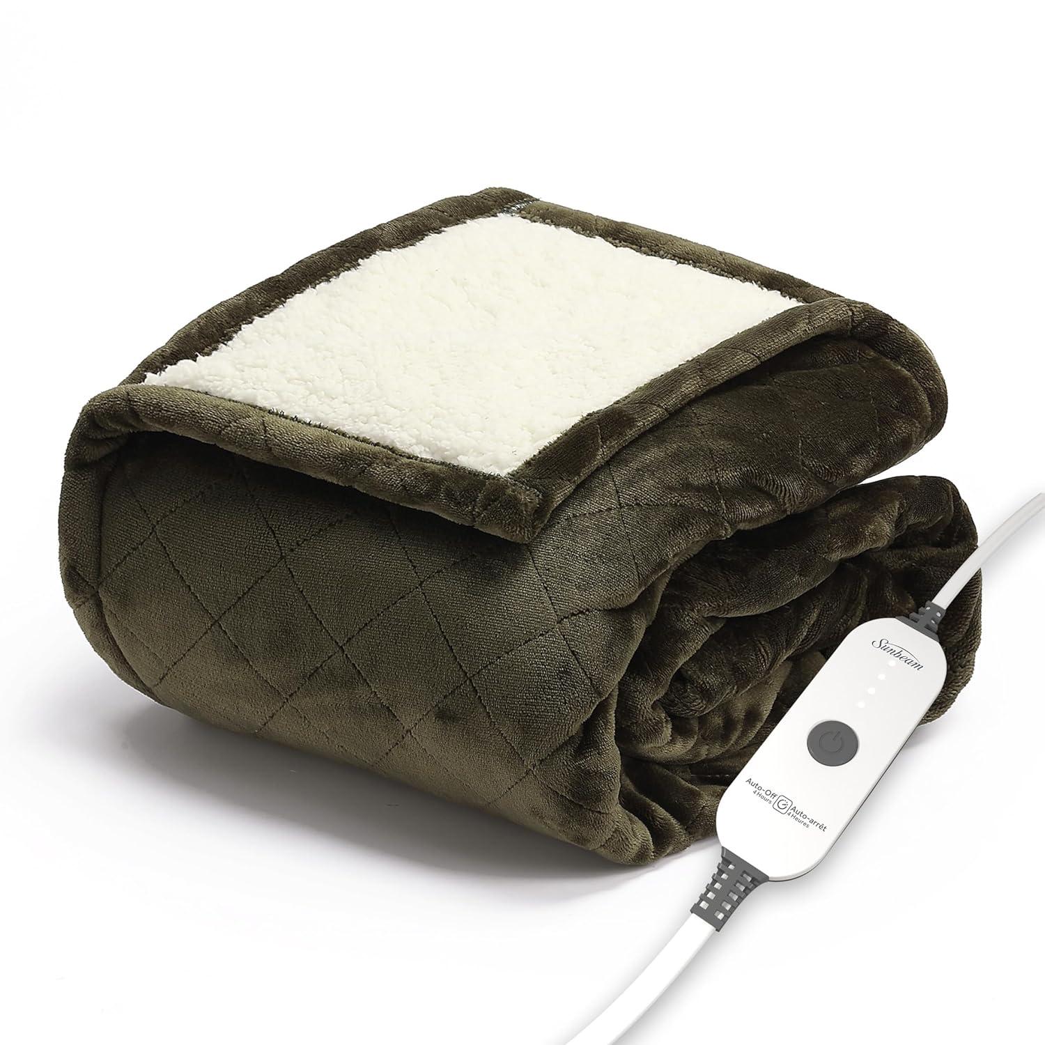 Sunbeam 50" x 60" Quilted Nordic Velvet Reverse Shearling Heated Throw Electric Blanket Olive: Lightweight, Machine Washable