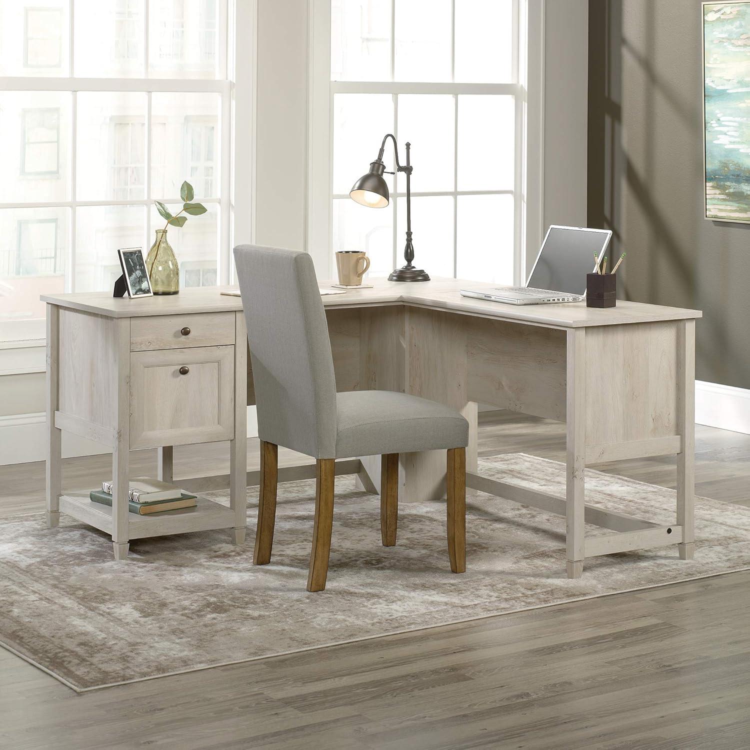 Chalked Chestnut L-Shaped Computer Desk with Drawer and Filing Cabinet