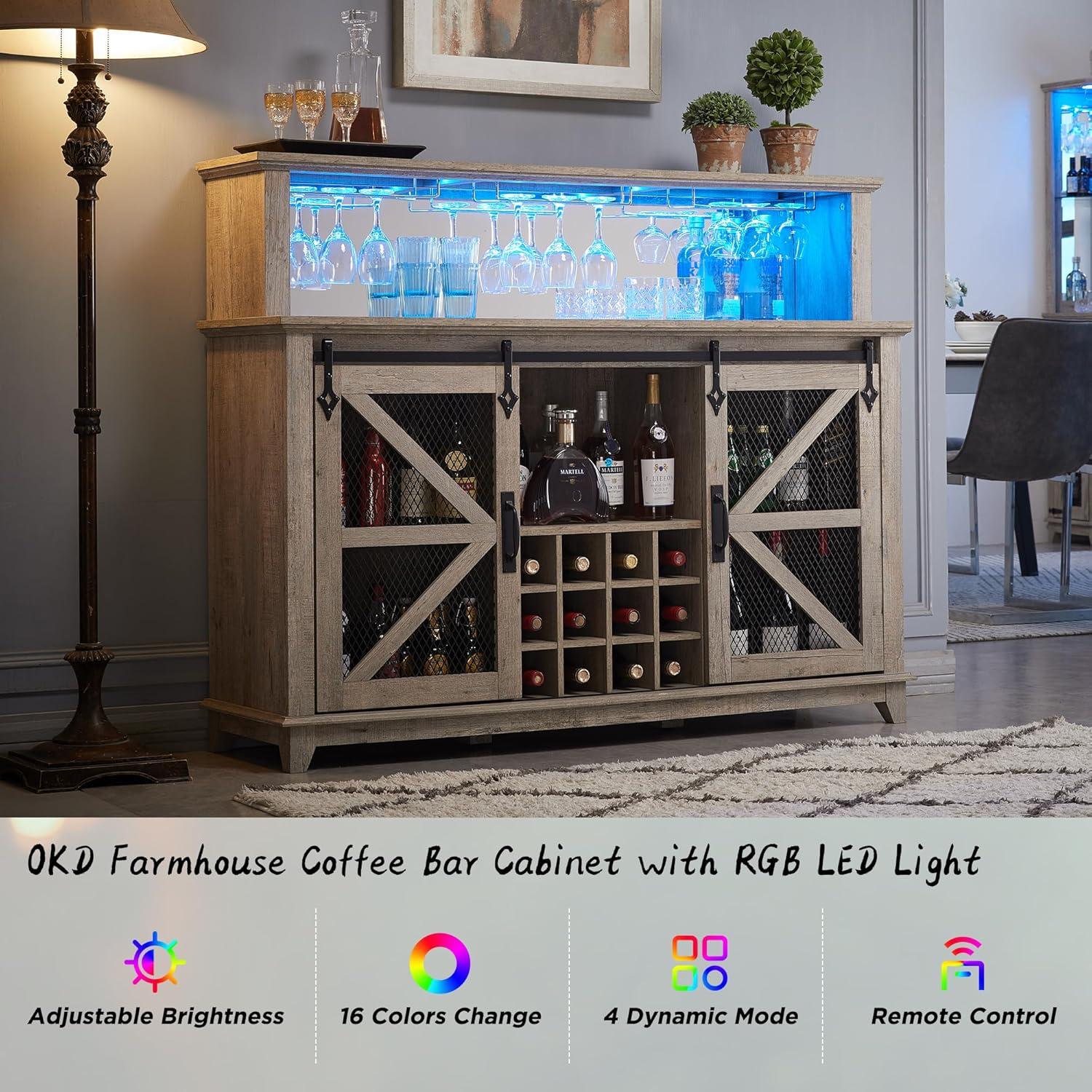 Light Rustic Oak 55" Farmhouse Coffee Bar Cabinet with LED Lights