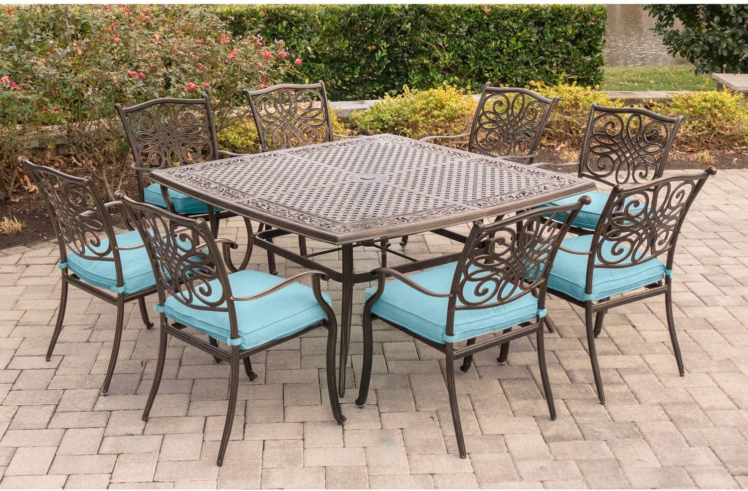 Hanover Traditions 9-Piece Rust-Free Aluminum Outdoor Patio Dining Set with Blue Cushions, 8 Dining Chairs and Aluminum Square Dining Table, TRADDN9PCSQ-BLU