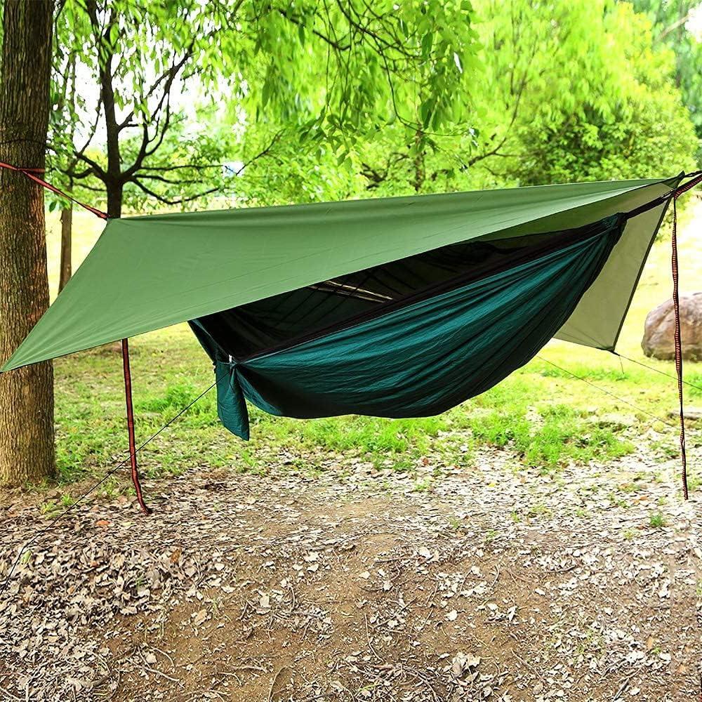 Camping Hammock with Rain Fly Tarp and Mosquito Net with Tree Straps Single &Double Portable Hammocks with Rain Cover for Indoor Outdoor Backpacking Hiking Travel Yard Activities Green