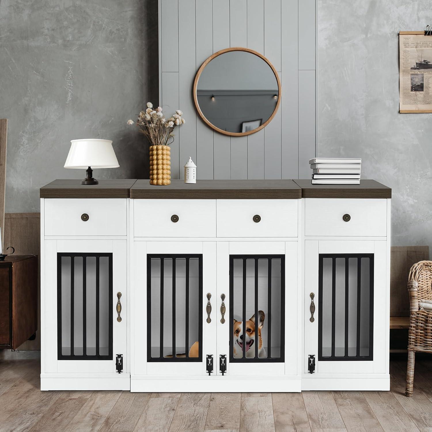 White and Brown Wooden Dog Crate Table with Drawers