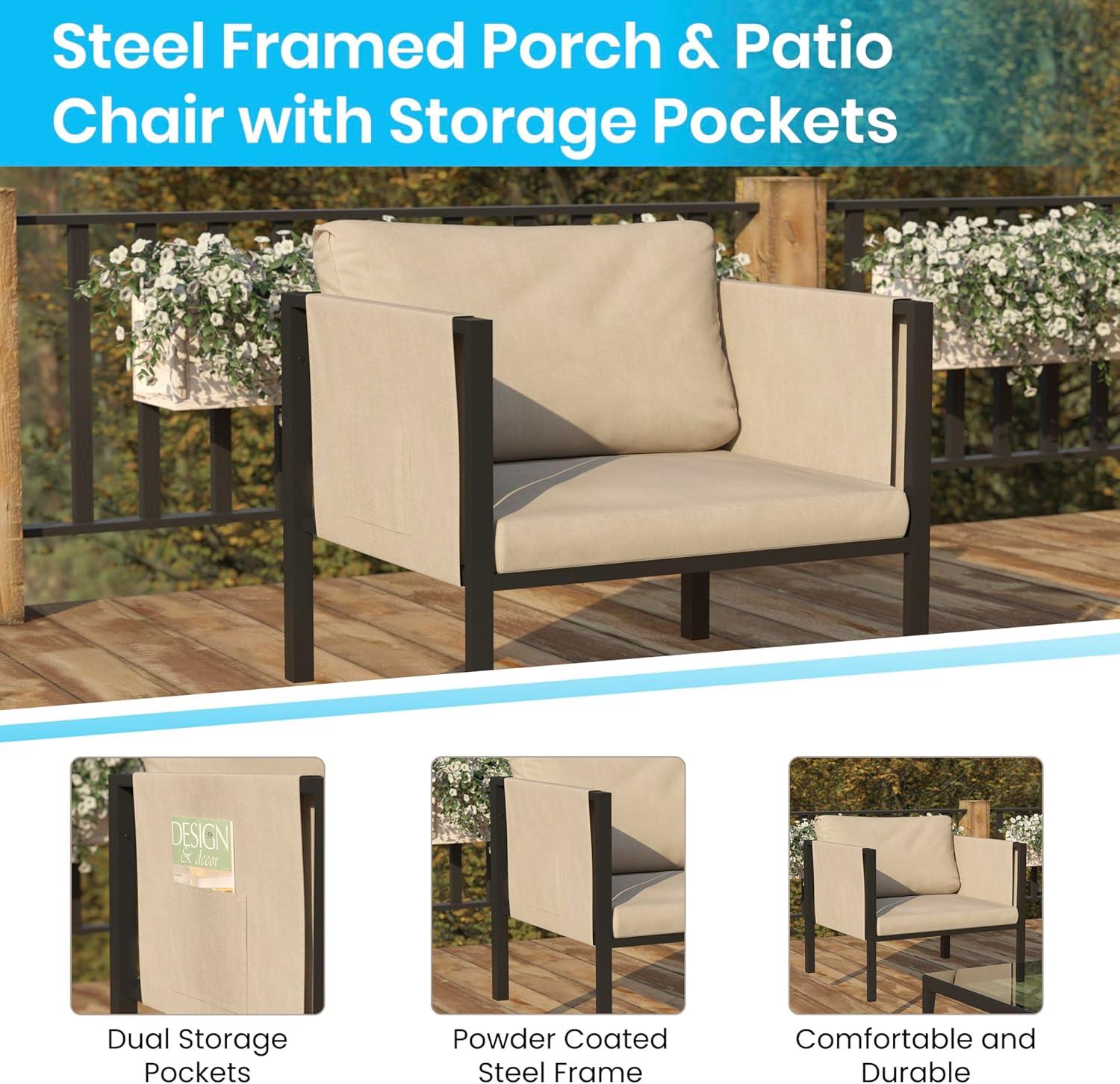 Flash Furniture Lea Indoor/Outdoor Patio Chair with Cushions - Modern Steel Framed Chair with Storage Pockets, Black with Beige Cushions