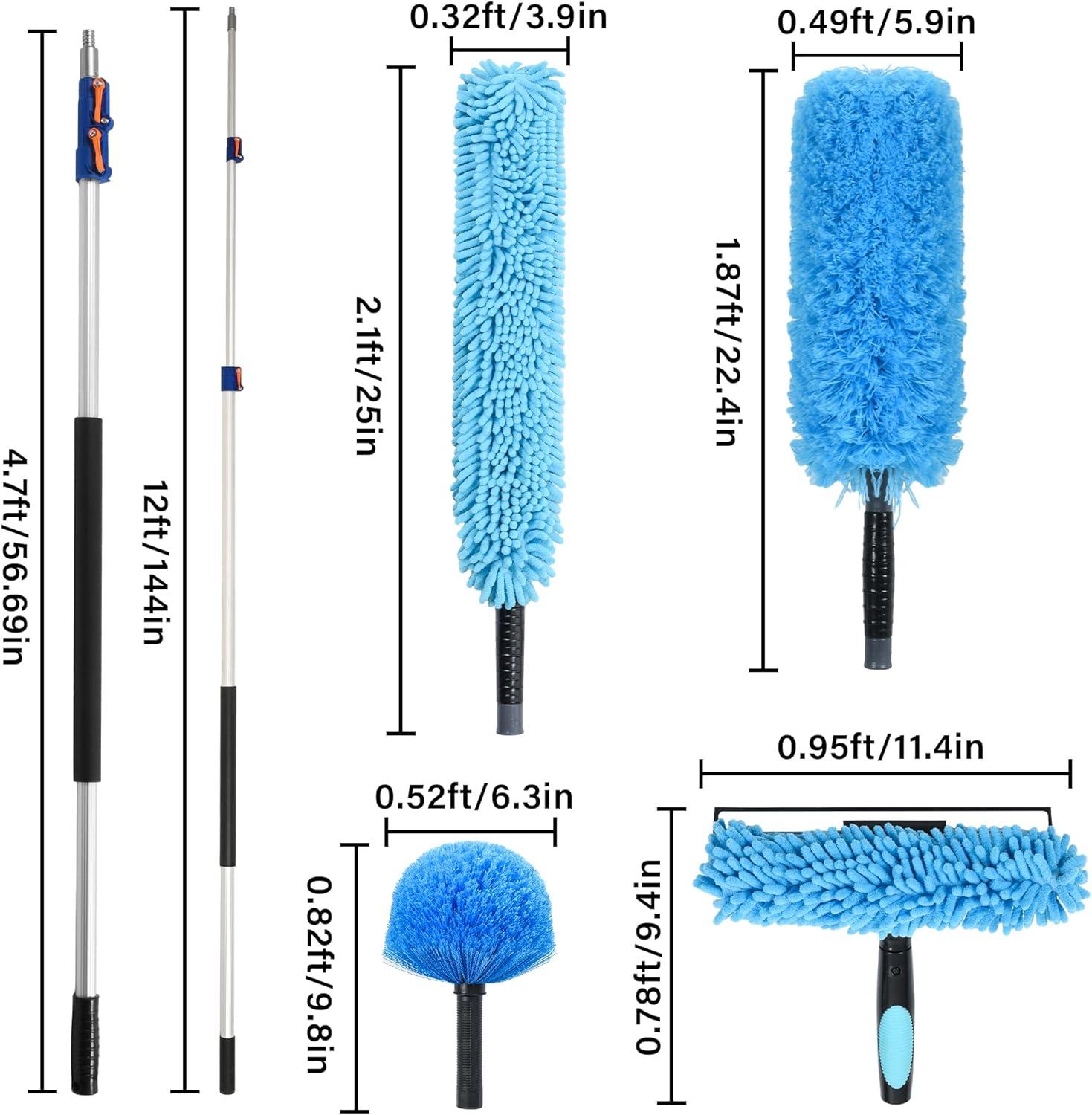 20 Foot High Reach Duster Kit with 5-12FT Telescoping Pole - High Ceiling Dusting and Window Cleaning Kit, Cobweb Duster, Window Washer & Squeegee, Fan Duster and Feather Duster