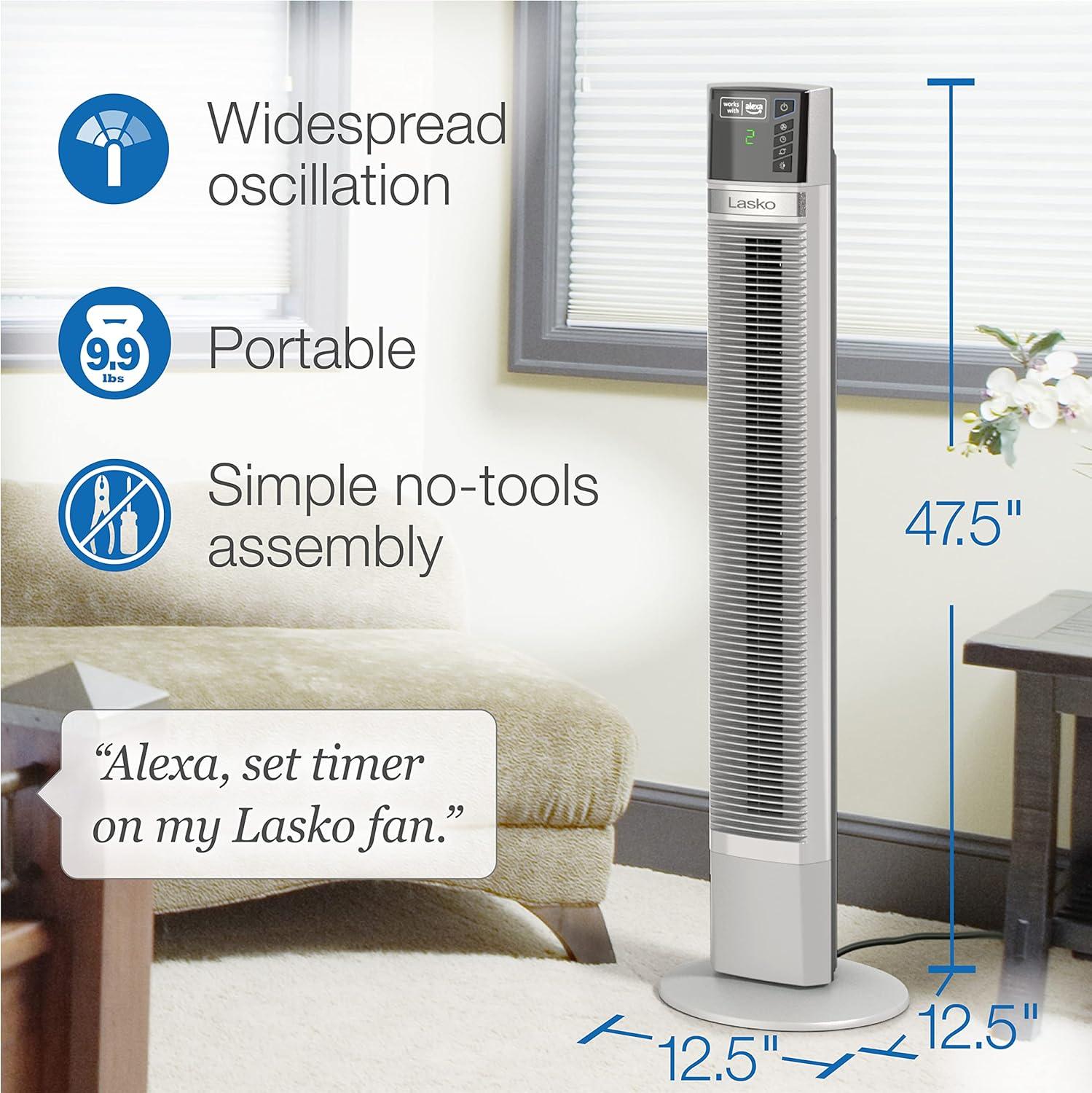 48-Inch White Oscillating Tower Fan with Alexa and Four Speeds