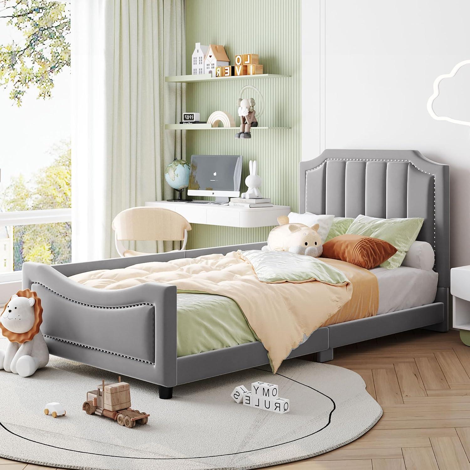 Twin Size Upholstered Bed with Belgrave Headboard, Low Platform Bed Frame with Rails, Kids Velvet Daybed with Slats Support for Girls Boys Teens, Gray