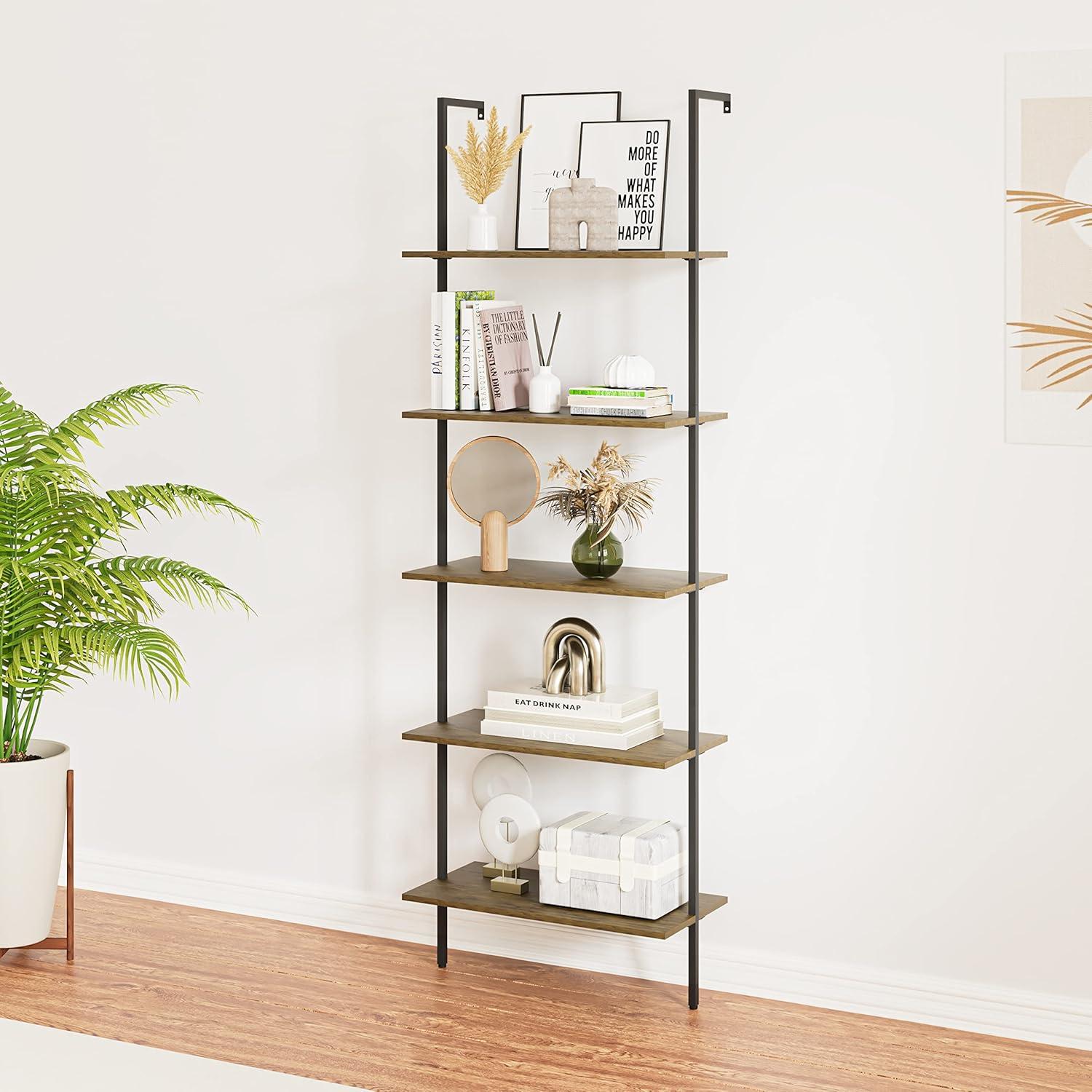 5-Tier Brown and Black Wall-Mounted Ladder Shelf