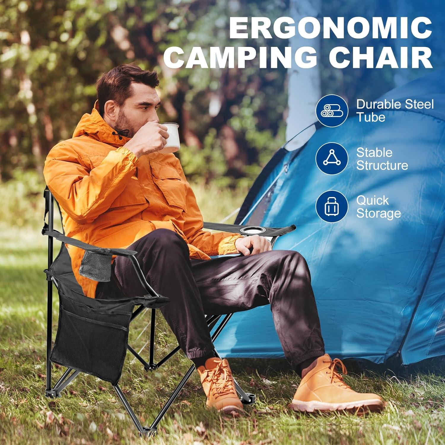 Black Foldable Camping Chair with Armrests and Cup Holders