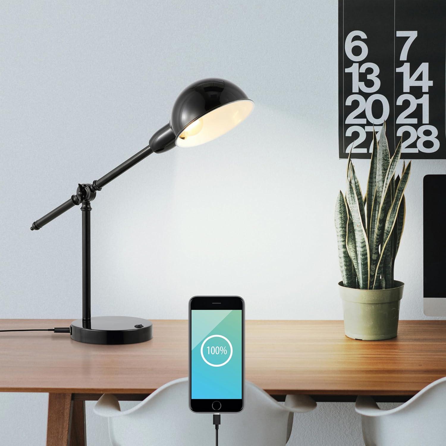 JONATHAN Y JYL7123A Curtis 20.25" Vintage Industrial Iron Adjustable Dome Shade LED Task Lamp with USB Charging Port, Classic, Coastal for living room, dinning room, bedroom Bulb Included, Black