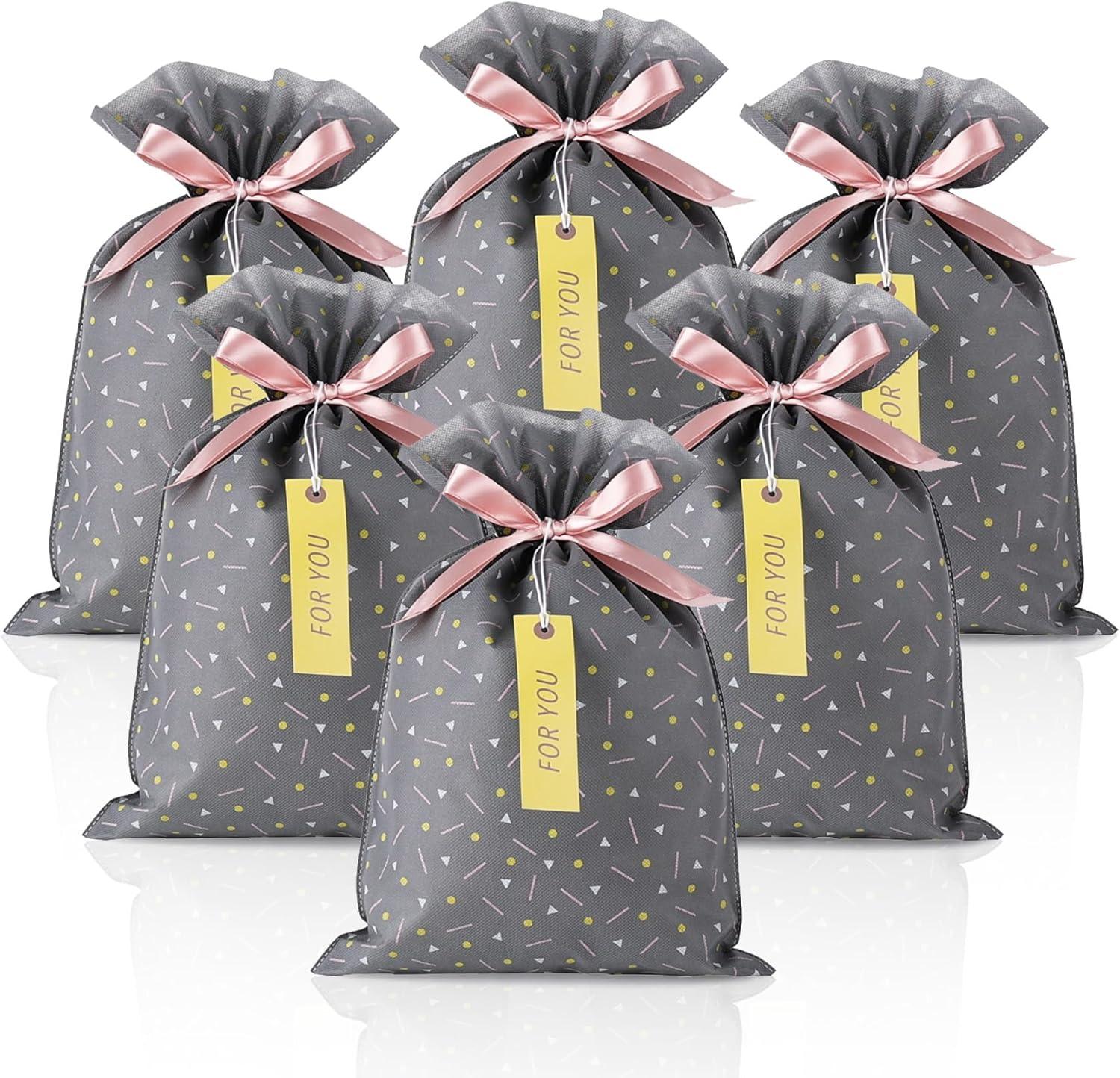 Grey Fabric Reusable Gift Bags with Drawstring and Tags, Set of 6