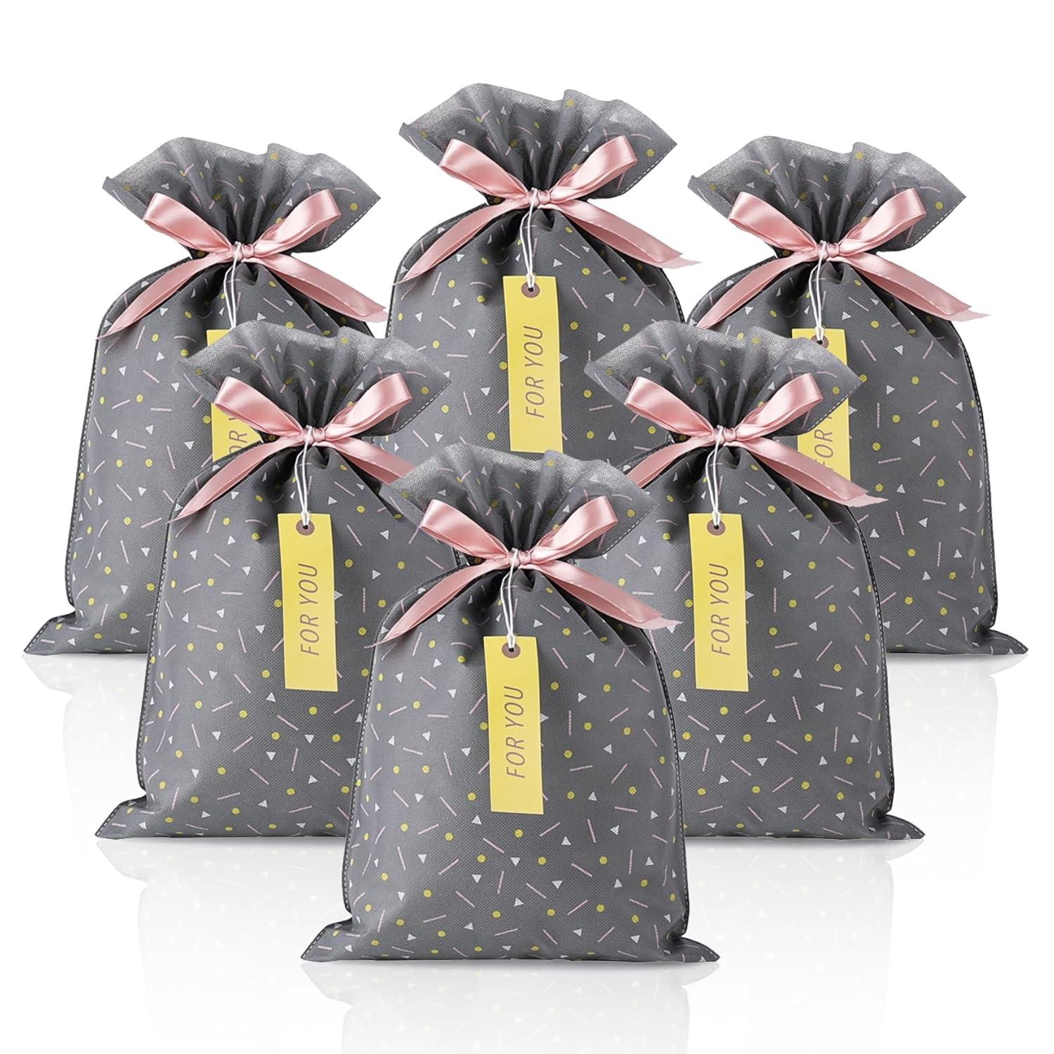 Yatinbos Fabric Gift Wrap Bags, Grey Reusable Cloth Gift Bags Sets of 6 with Drawstring and Tags for Christmas Holiday, Birthday, Wedding or Daily Gift, 12" x 18"