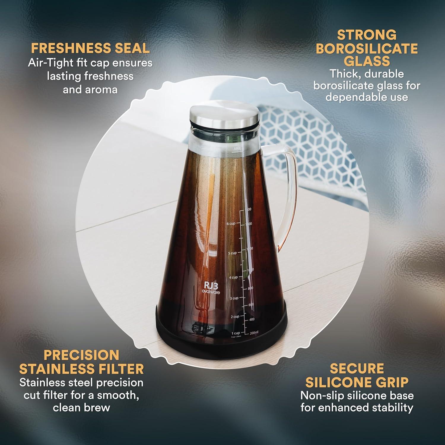 Ovalware Cold Brew Iced Coffee/Tea Maker 1.5L/51oz New RJ3 Clear Glass Carafe Removable Filter