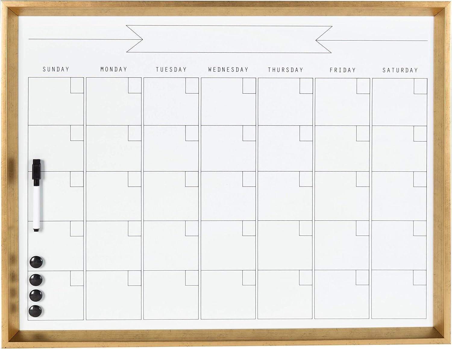 27.25" x 1.5" Calter Framed Magnetic Dry Erase Monthly Calendar Gold - Kate and Laurel: Office Wall Organizer, D-Ring Hangers