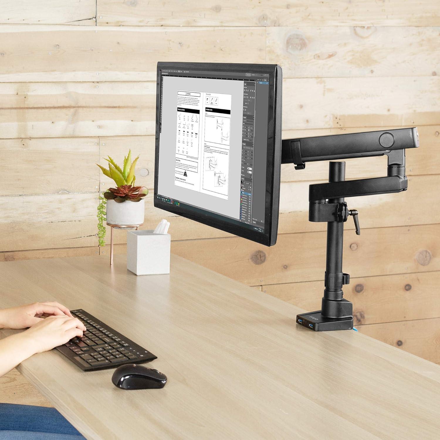 Premium Black Aluminum Full Motion Single Monitor Desk Mount with USB Ports