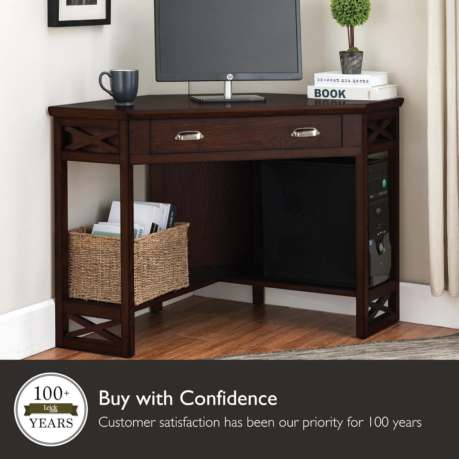 Leick Home 81430 Corner Computer/Writing Desk with Drawer and Shelf, Made with Solid Wood, Chocolate Oak