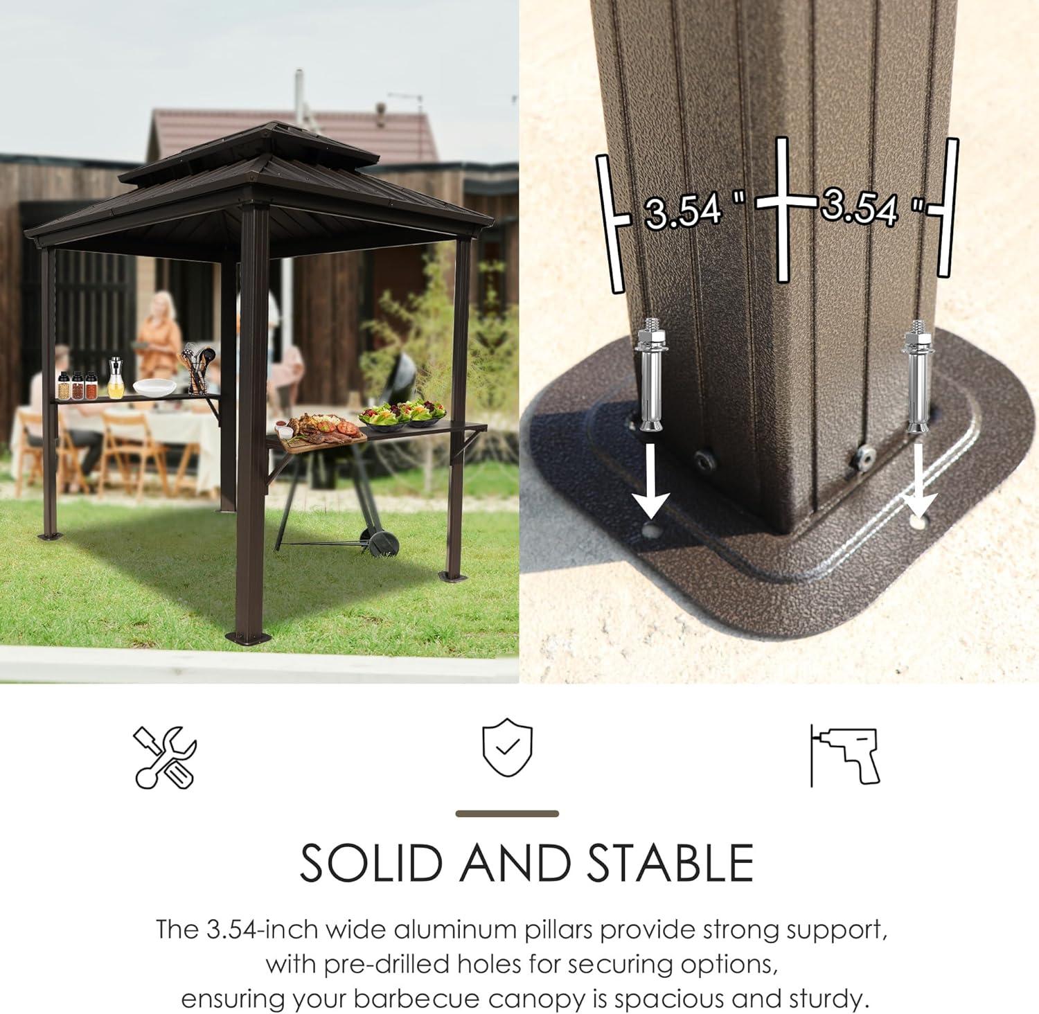 6x8 Brown Aluminum Hardtop Grill Gazebo with Side Shelves