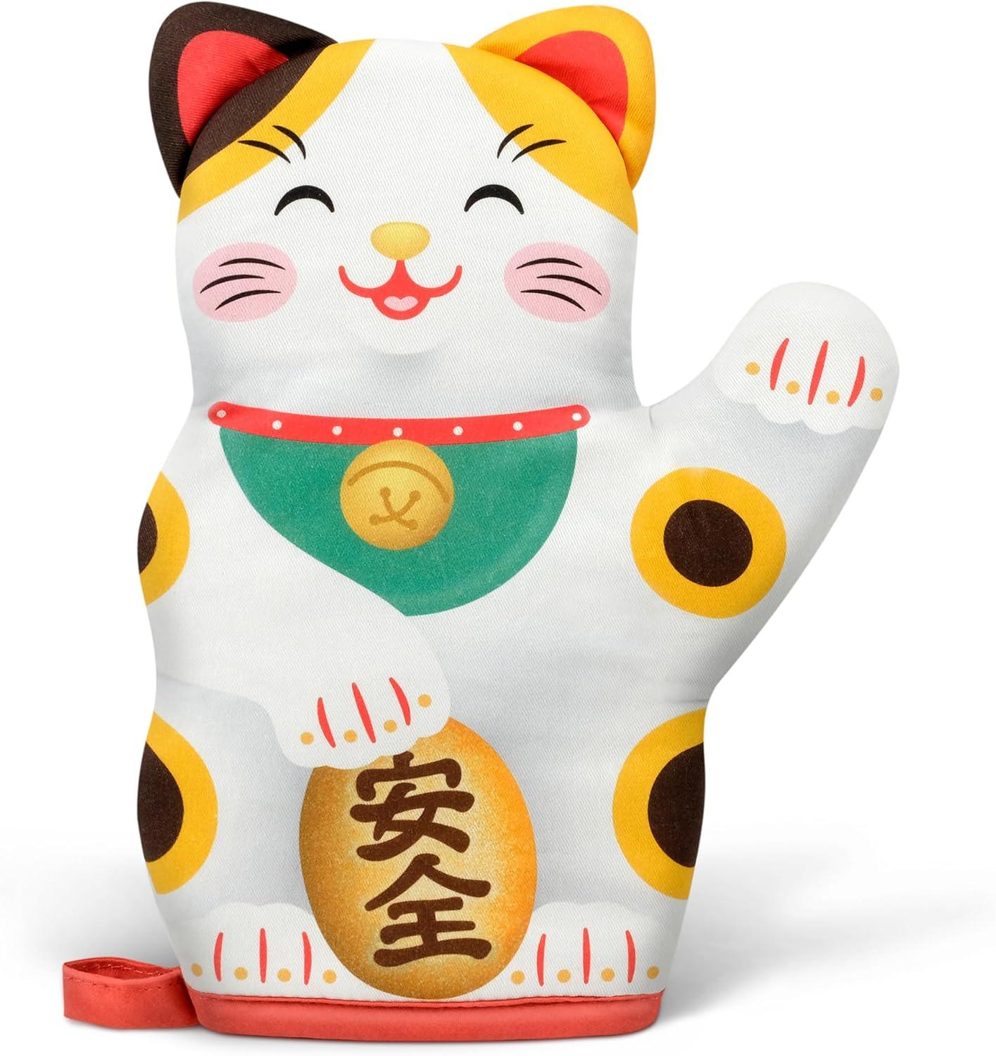 White Lucky Cat Heat-Resistant Oven Mitt