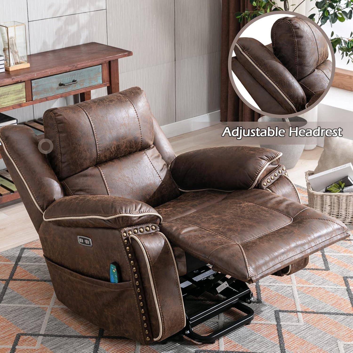 CANMOV Power Recliner Chair Electric Home Theater Seating Soft Leather Movie Chair for Living Room Overstuffed Single Reclining Sofa with Hidden Arm Storage, Cup Holders and USB Ports