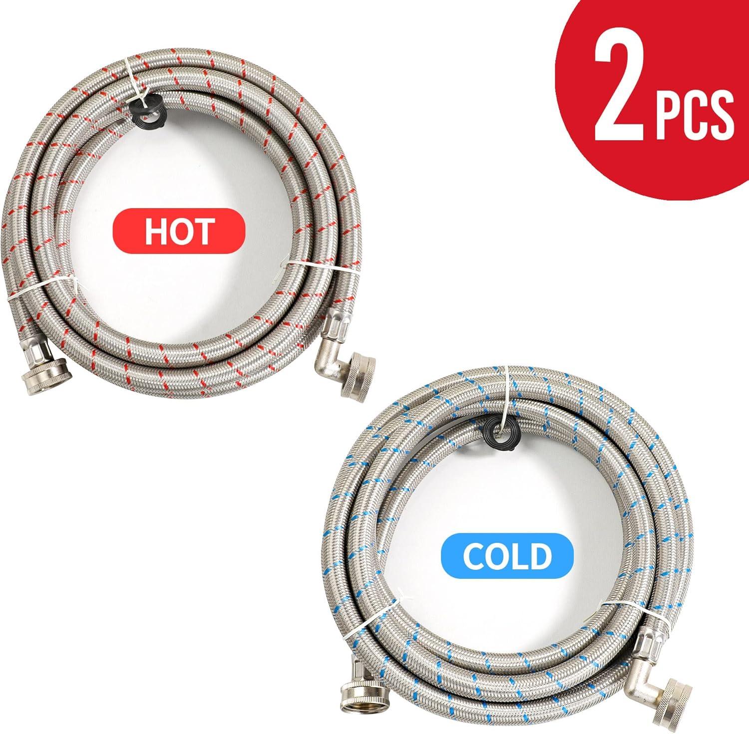 Premium Stainless Steel Washing Machine Hoses with 90 Degree Elbow, 6 Ft Burst Proof 2 Pack Red and Blue Striped Water Connection Inlet Supply Lines - Lead Free