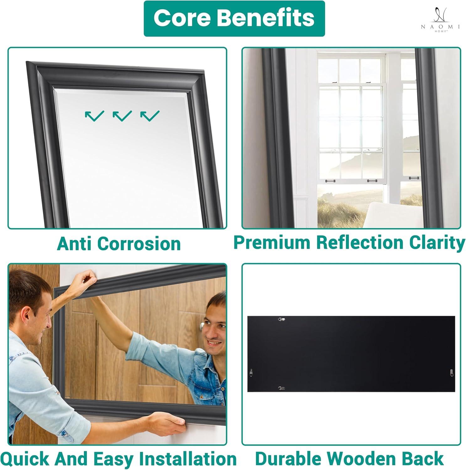 Full length Mirror, Wall Mirror, 65"LX31"W Full Body Mirror, Framed Floor Mirror with Faux Wood Frame, Large Mirror, Leaning Mirror, Standing Mirror for Living Room by Naomi Home - Black