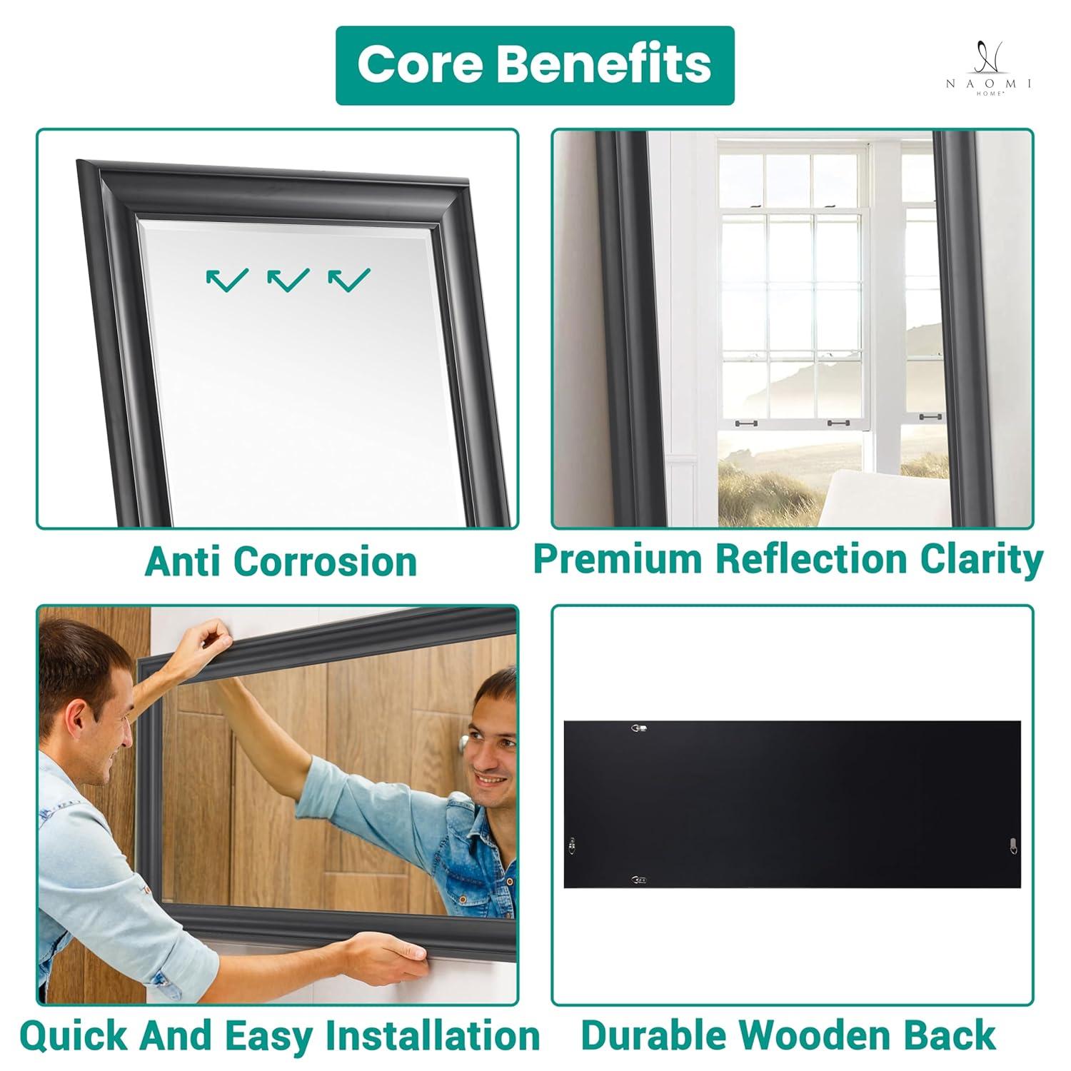 Full length Mirror, Wall Mirror, 65"LX31"W Full Body Mirror, Framed Floor Mirror with Faux Wood Frame, Large Mirror, Leaning Mirror, Standing Mirror for Living Room by Naomi Home - Black