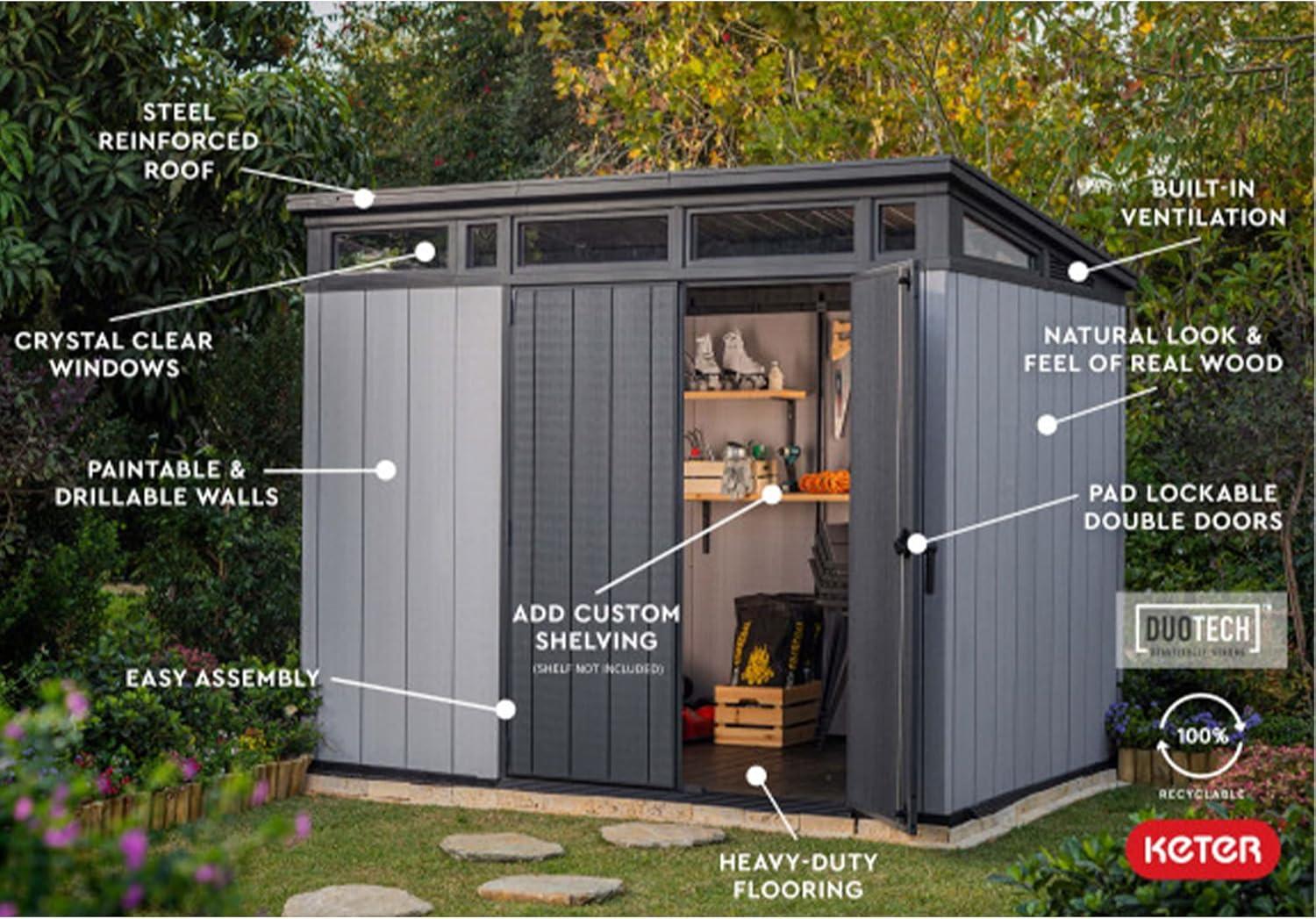 Keter Keter Artisan 9x7 ft. Modern Durable Resin Outdoor Storage Shed With Floor and Double Doors for Garden Patio Furniture and Tools, Grey