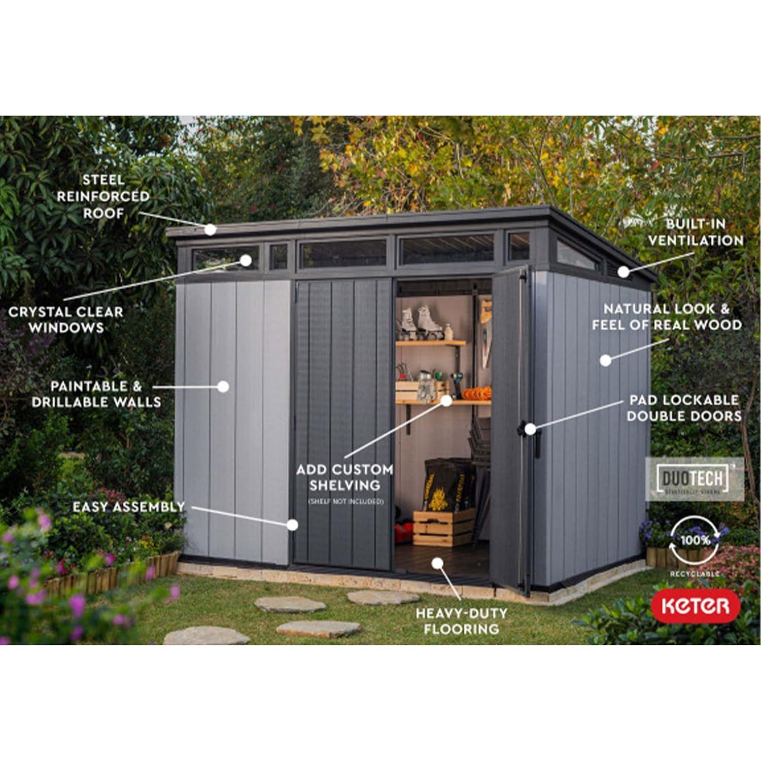 Keter Keter Artisan 9x7 ft. Modern Durable Resin Outdoor Storage Shed With Floor and Double Doors for Garden Patio Furniture and Tools, Grey