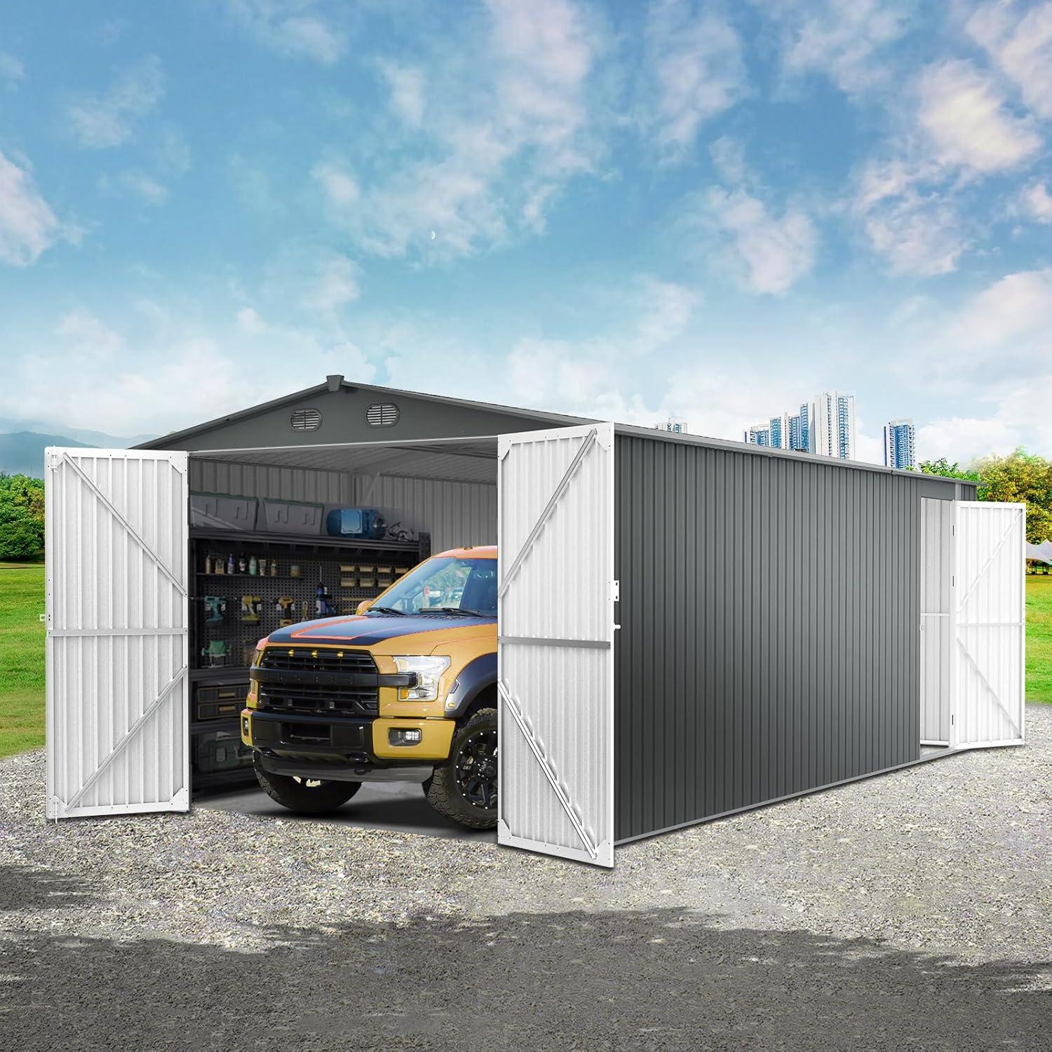 20 x 10 FT Outdoor Storage Shed, Large Metal Garden Shed with 2 Lockable Doors, Tool Shed Outdoor Storage with 4 Air Vents, Garage Shed Waterproof for Car, Truck, Bike, Garbage Can, Tool, Dark Gray