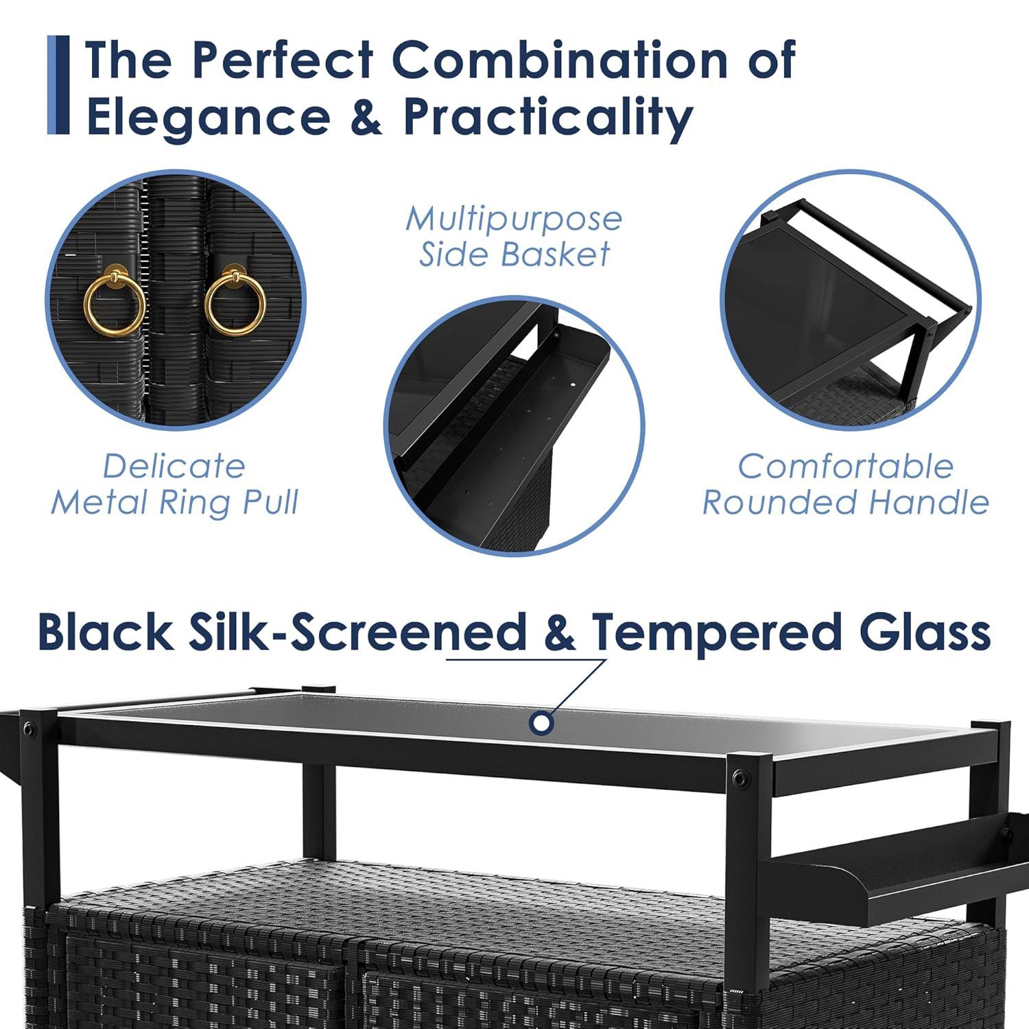 Xilingol Outdoor Bar Table, Wicker Bar Cart with Cabinet, Patio Serving Cart with Tempered Glass Top, Lockable Wheels, Rounded Handle & Side Basket for Garden, Poolside & Backyard, Black