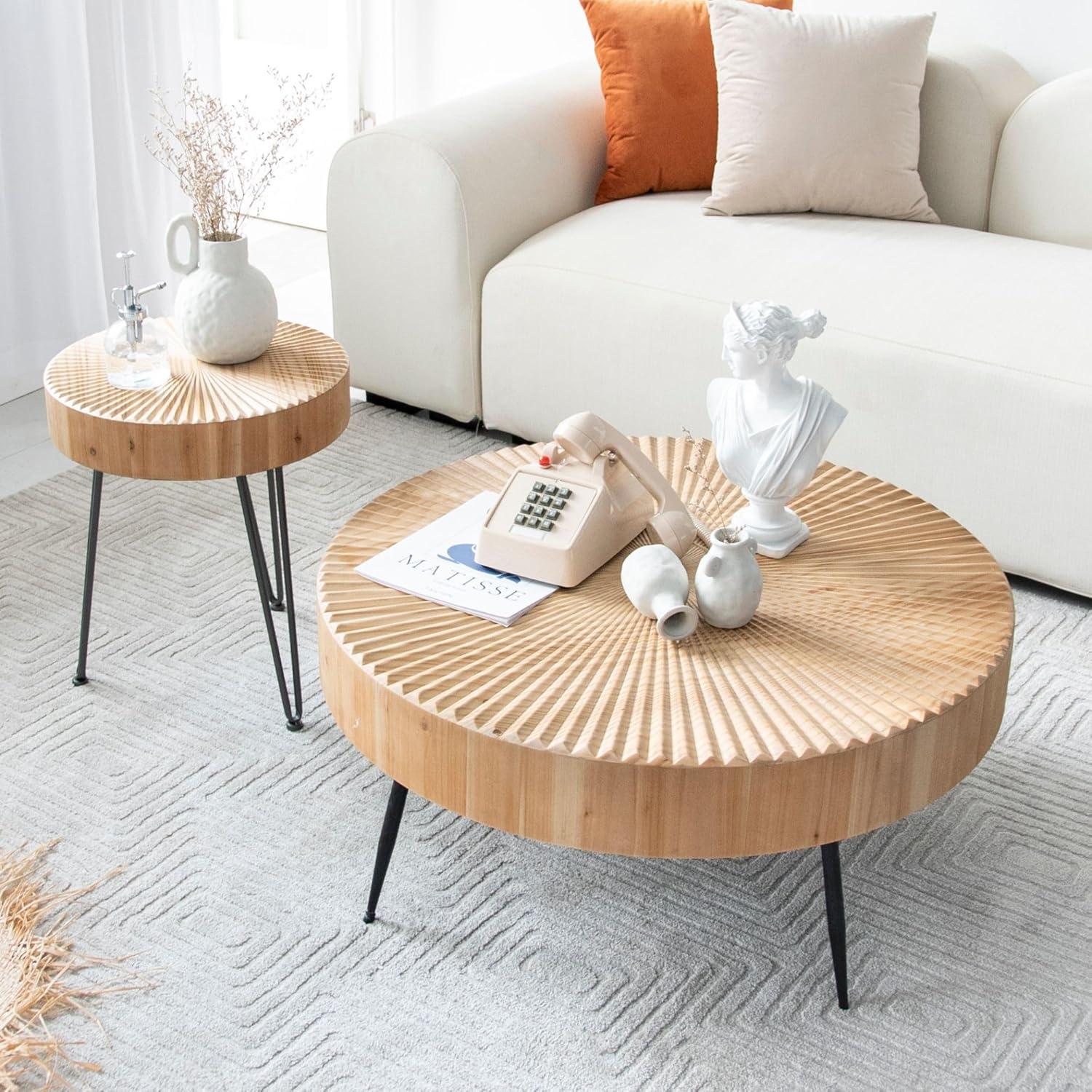 COZAYH 2-Piece Modern Farmhouse Living Room Coffee Table Set, Nesting Table Round Natural Finish with Handcrafted Wood, Radial Pattern