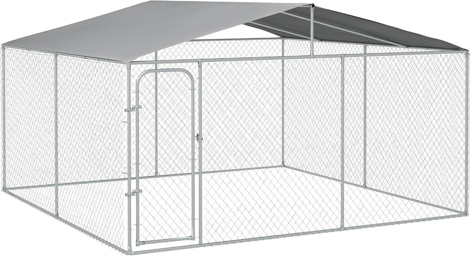 PawHut Outdoor Metal Dog Kennel, Pet Playpen with Steel Lock, Mesh Sidewalls and Cover for Backyard & Patio