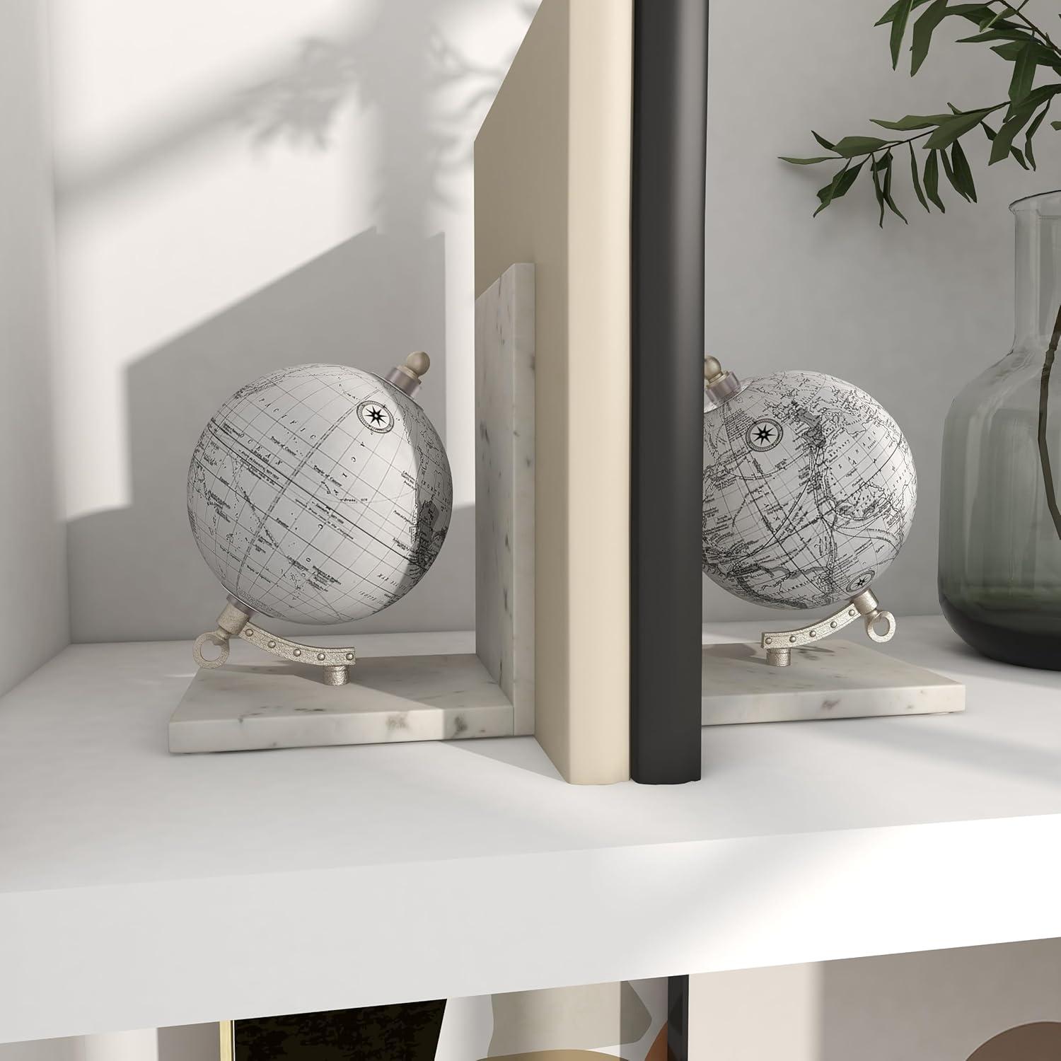 White Marble Globe Bookends with Silver Metal Accents, Set of 2